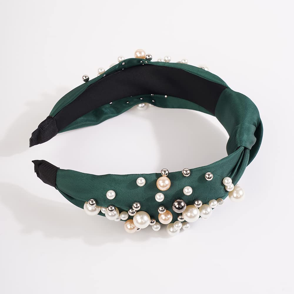 Wiwpar Fashion Pearl Knotted Headbands for Women - Wide Pearl Bead Hair Accessory Boho Style Headband (Green) - Perfect for Weddings, Parties & Everyday Wear
