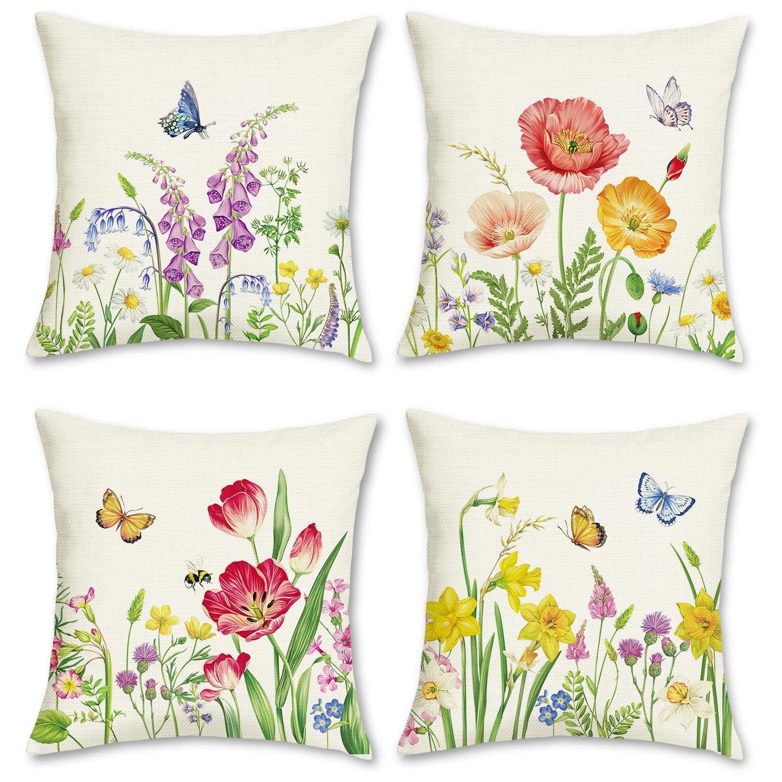 Bonhause Floral Cushion Covers 18x18 Inch - Spring Garden Flower Butterfly Decorative Pillow Covers for Sofa, Patio, Outdoor - Set of 4 - Perfect for Living Room, Bedroom, Porch Decor
