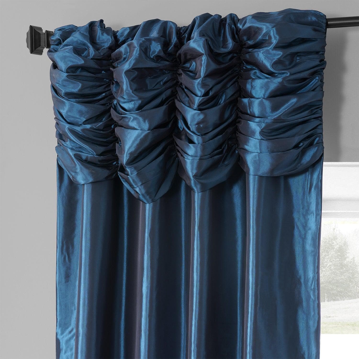 Navy Blue Ruched Faux Silk Taffeta Blackout Curtains for Bedroom - Elegant Room Darkening Window Drapes for Living Room & Nursery