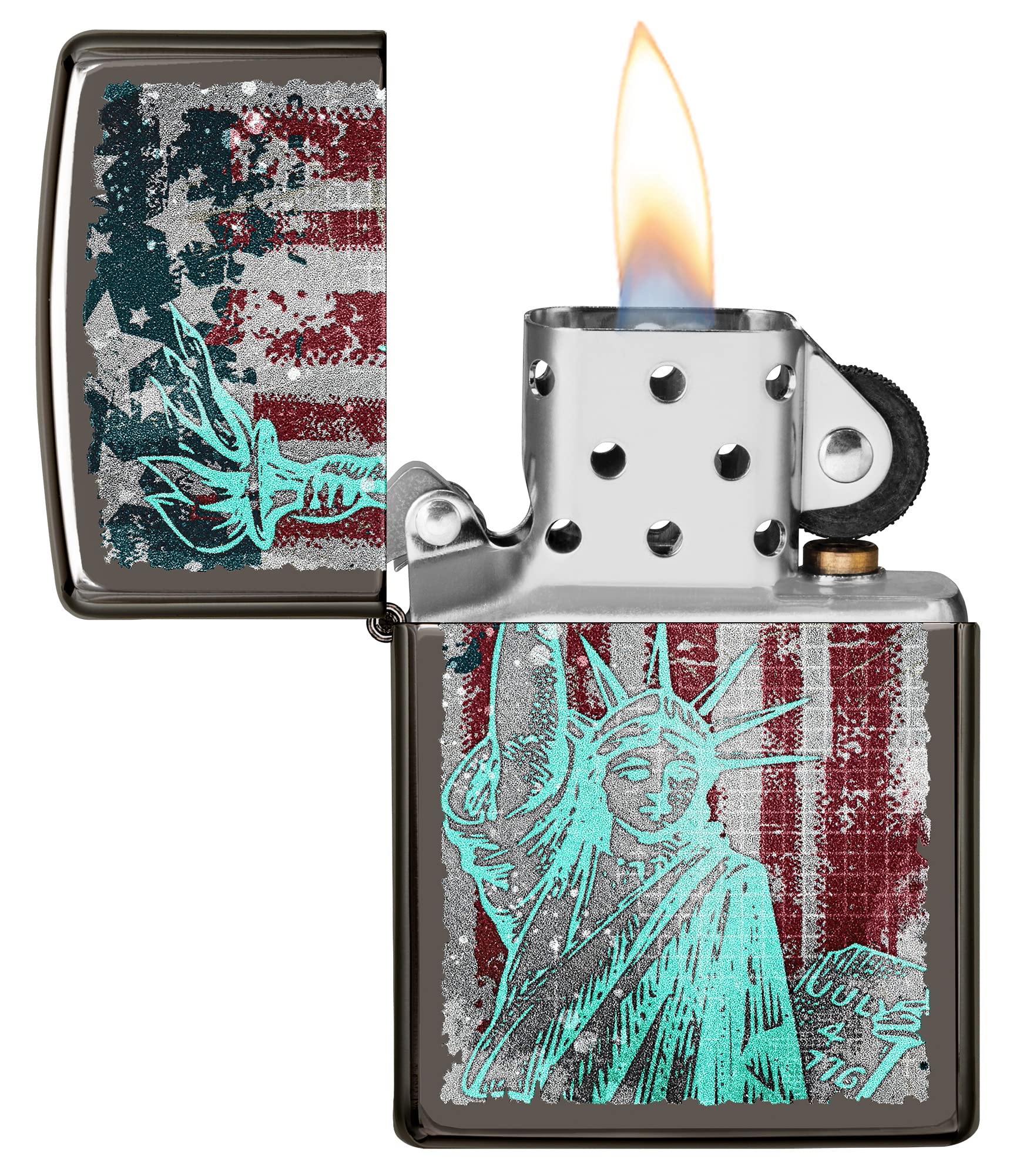 Zippo Statue of Liberty Black Ice Windproof Lighter - Patriotic Collectible Pocket Lighter for Outdoor Camping, Hiking & Everyday Carry (USA Flag Design)