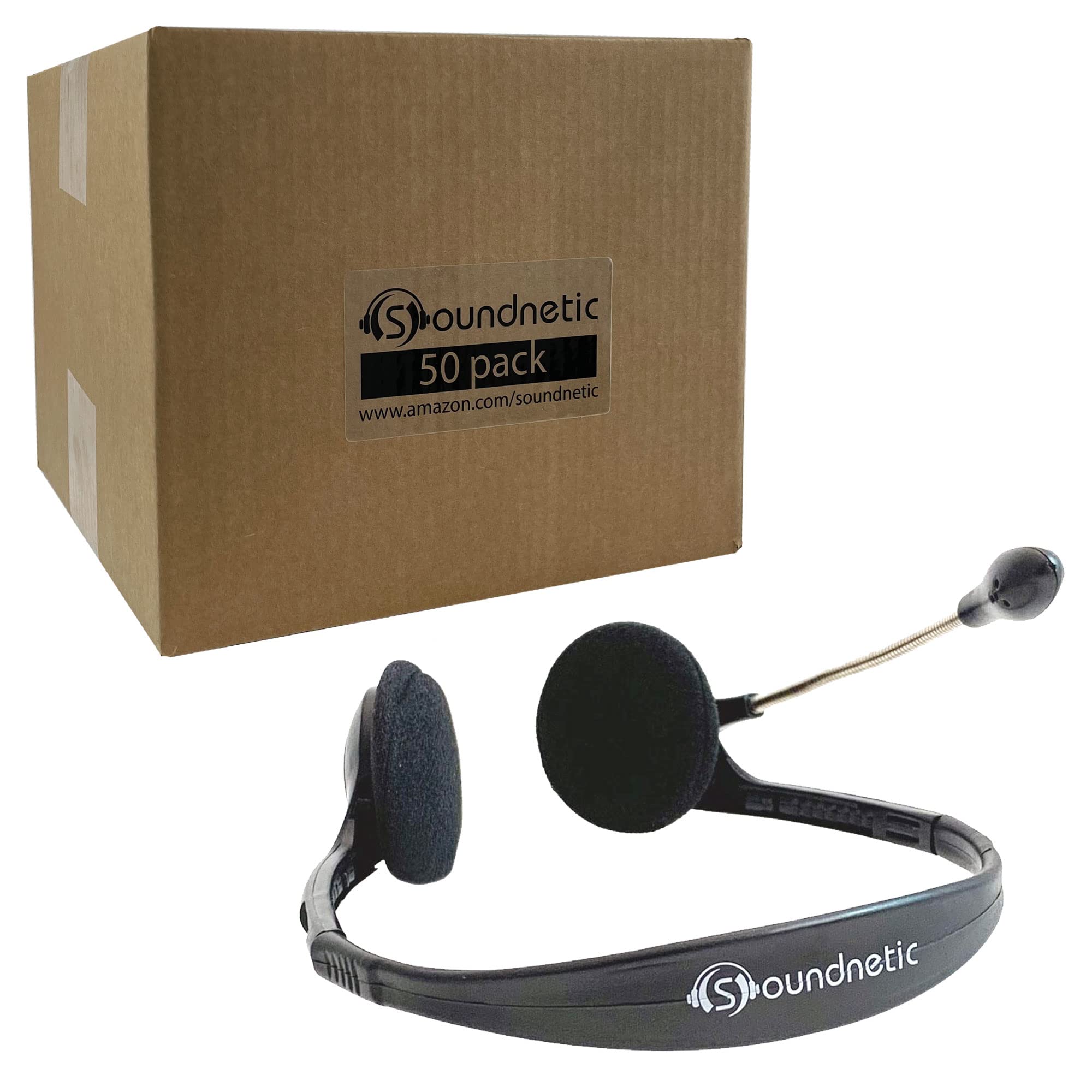 50 Pack Disposable Stereo Classroom Headphones with 3.5mm Jack & Boom Mic - Bulk School Headsets for Online Learning, Testing Centers & Language Labs (Black)