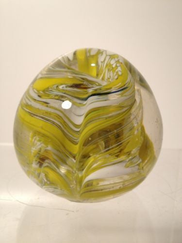 Hand Blown Vintage Glass Paperweight - Beautiful Yellow and White Swirl Design - Perfect for Home Decor, Office Desk, and Gift Giving