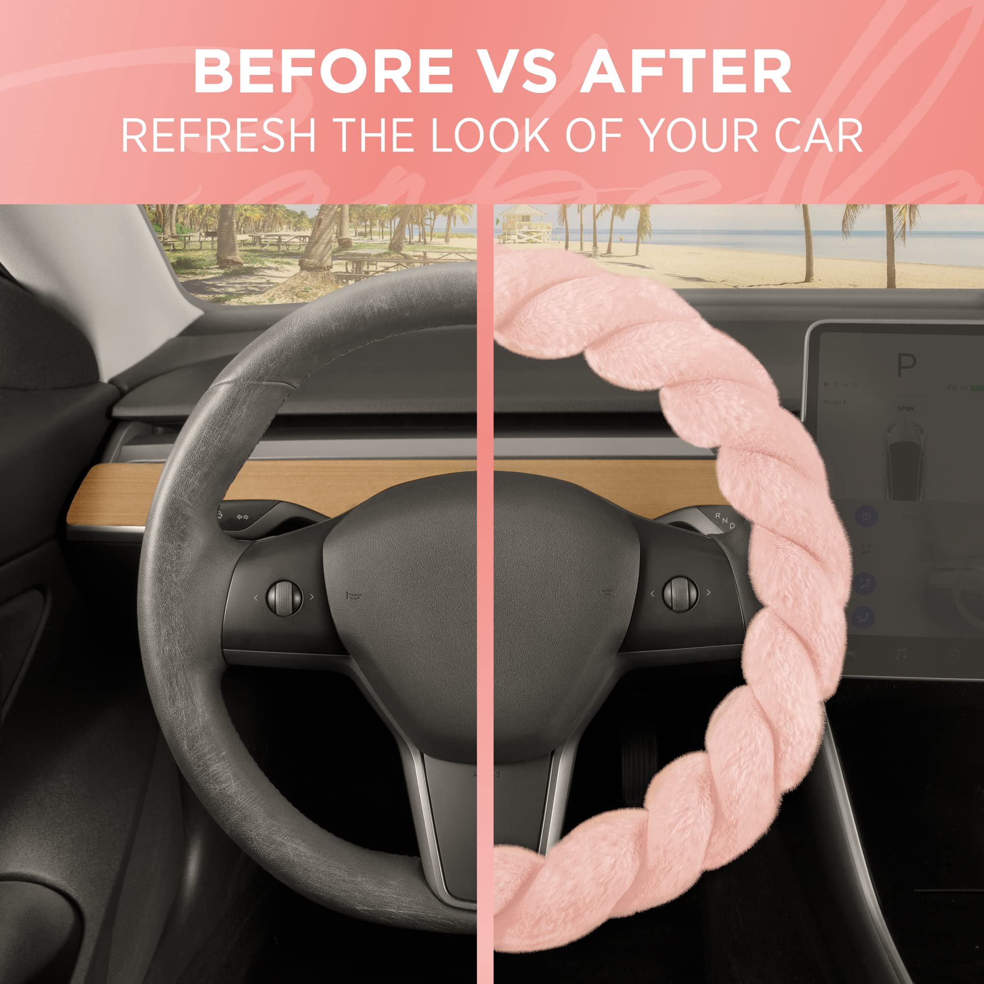 **Soft Pink Faux Fur Steering Wheel Cover - 15 Inch Universal Fit for Most Cars, Fluffy & Cozy Car Accessories for Women - Perfect for Winter Driving & Stylish Interior Upgrade**
