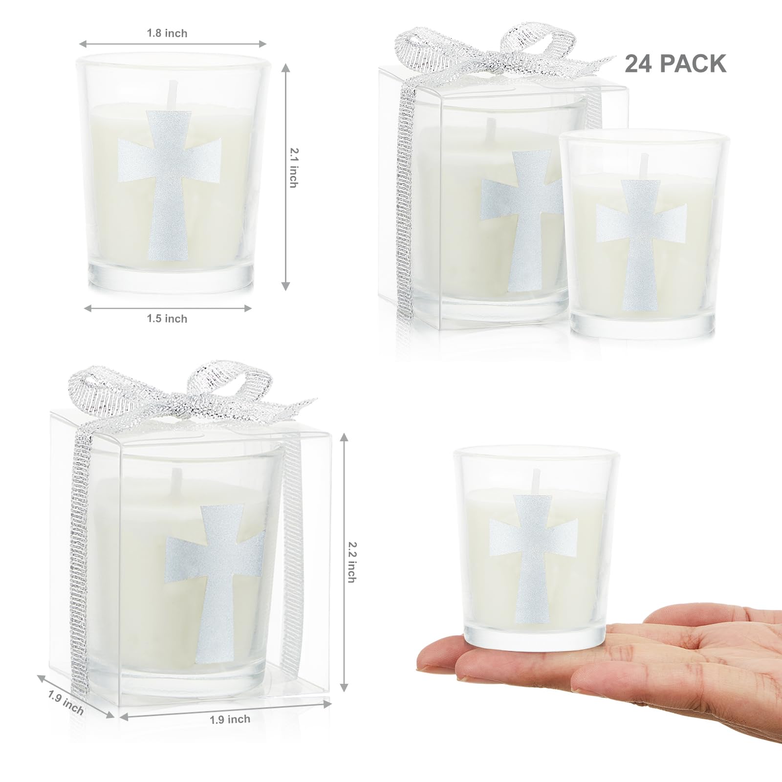 24 Pcs Silver Cross Themed Candles - Wedding Party Favors, Baptism Gifts, Bridal Shower Favors for Wedding, Birthday, Housewarming Party - Elegant Table Centerpiece & Guest Gifts for Religious Ceremonies & Special Occasions