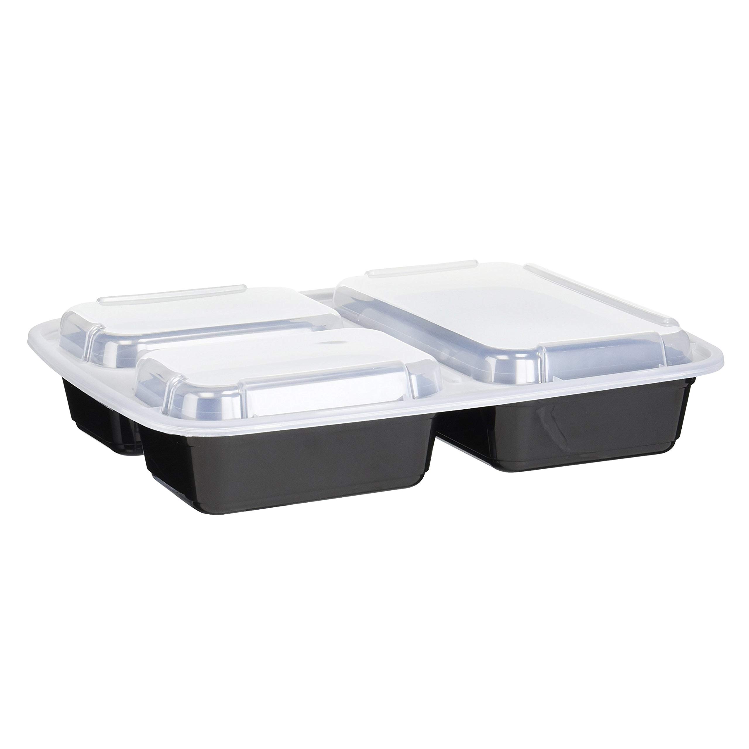 3-Compartment Microwave Safe Food Storage Containers with Lids - 10-Pack Black Divided Lunch Trays for Meal Prep, Office Lunch & Picnics