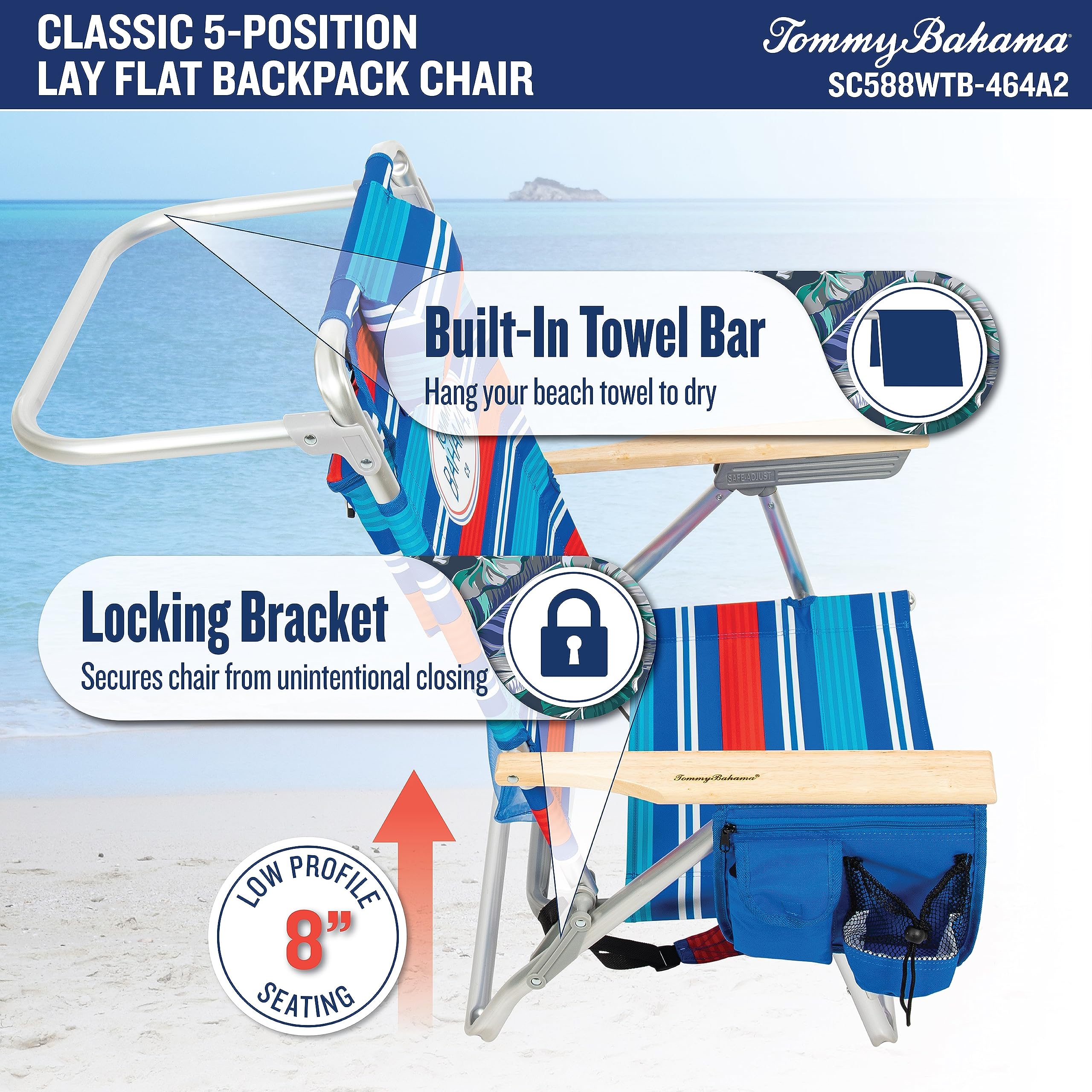 Tommy Bahama 2-Pack 5-Position Reclining Beach Chairs with Built-in Cooler, Storage Pouch & Towel Bar - Red White Blue Stripe | Perfect for Poolside Relaxation, Backyard Lounging & Beach Vacations