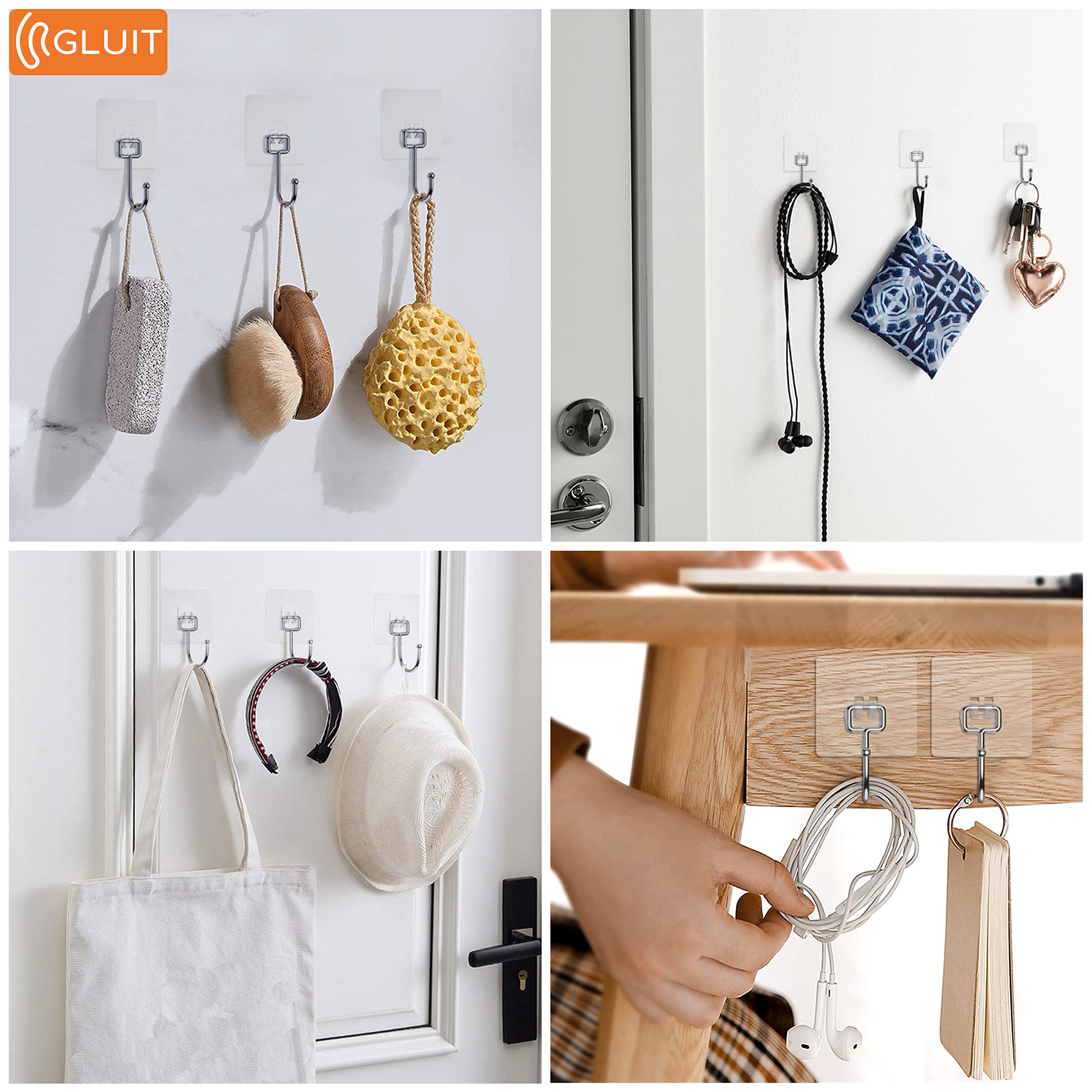 GLUIT Heavy Duty Adhesive Hooks - Medium 12 Pack & Large 6 Pack - 22 lbs Weight Capacity - Waterproof Transparent Wall Hooks for Keys, Towels, Bathroom, Shower, Kitchen & Outdoor Use - Perfect for Home Organization and Space Saving