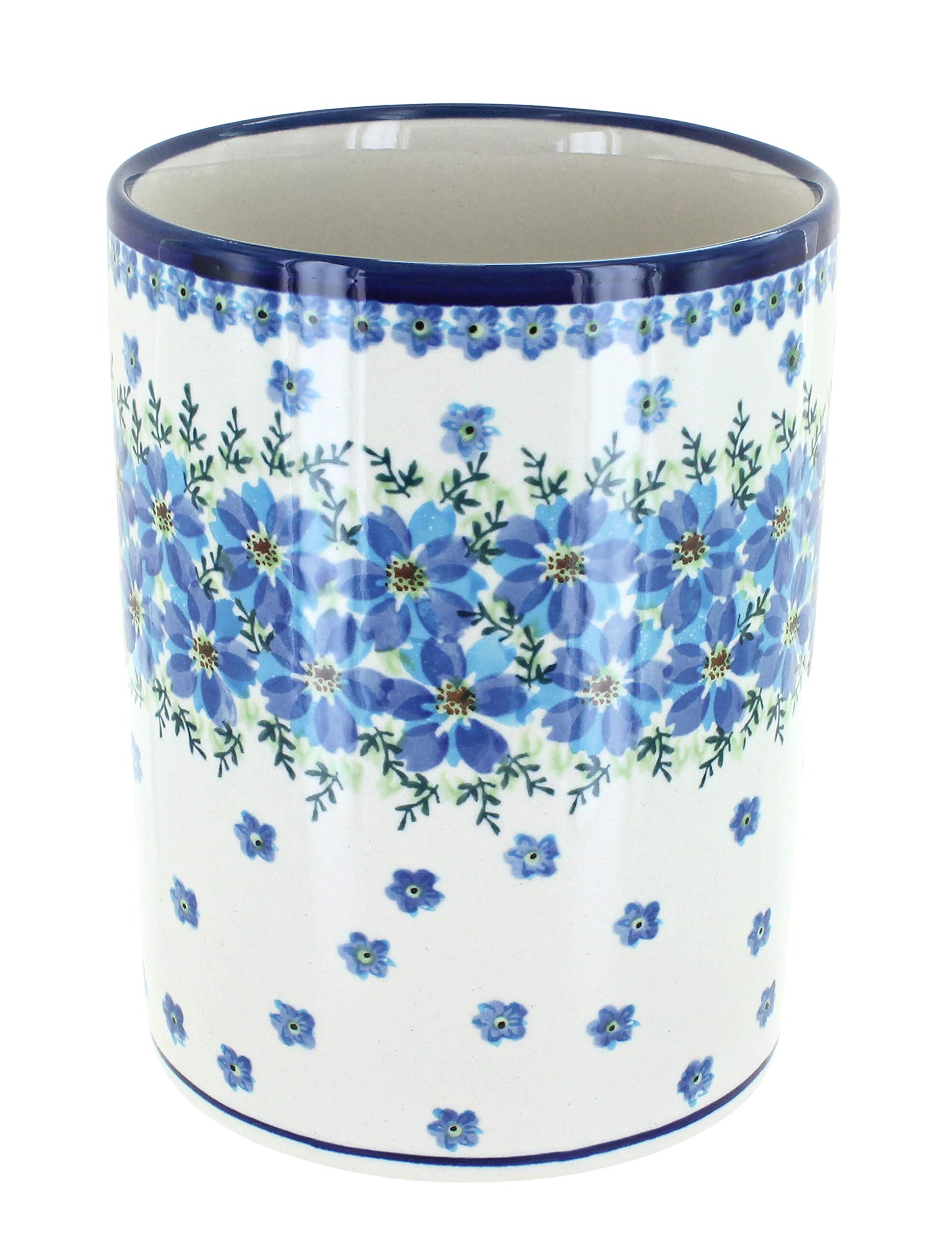 Blue Rose Polish Pottery Kalina Utensil Jar - Handmade Ceramic Kitchen Storage Canister for Spoons, Forks & Cooking Tools - Perfect for Farmhouse, Rustic & Vintage Style Decor