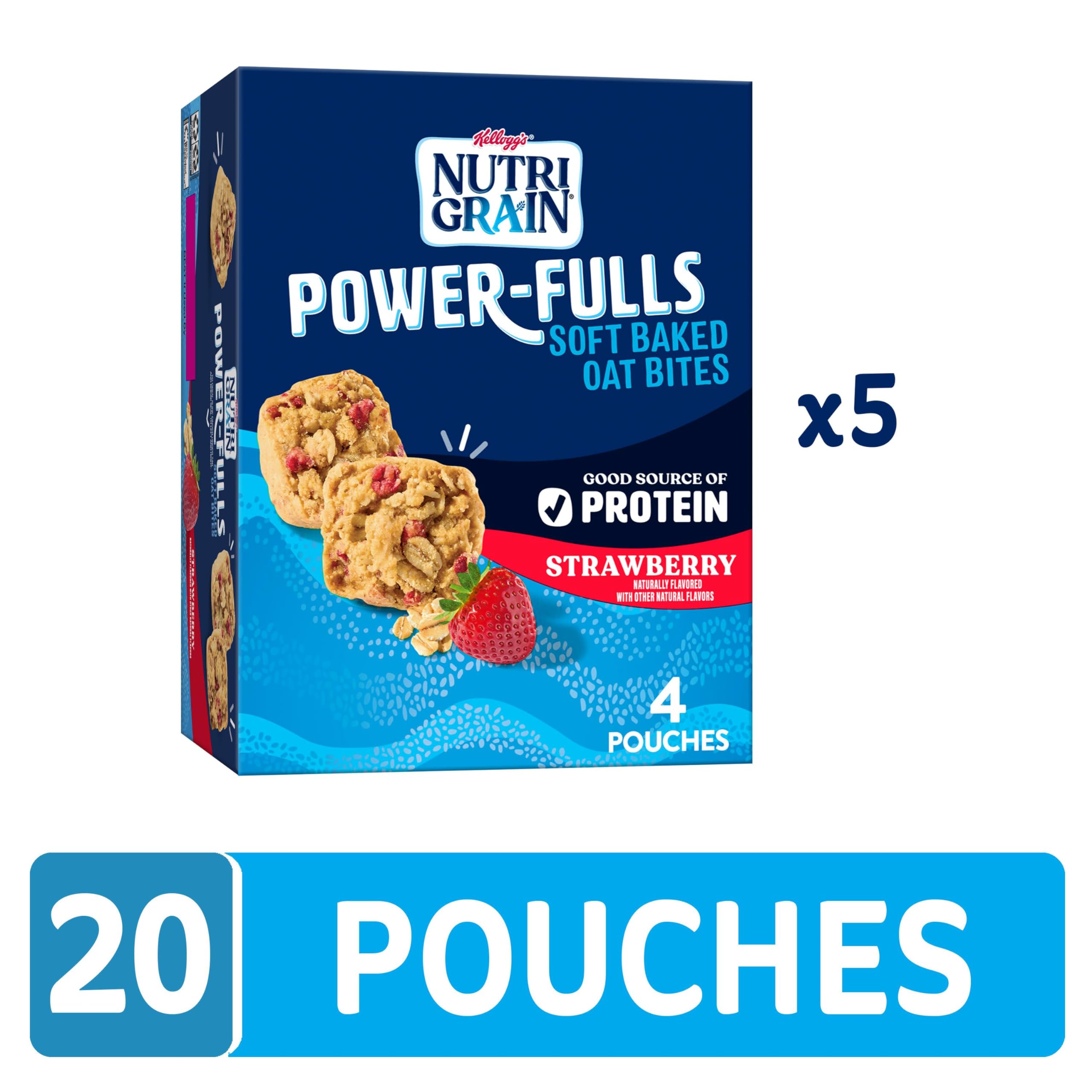 Nutri-Grain Power-Fulls Soft Baked Oat Bites - High Protein Snacks, Whole Grain Strawberry Flavor (5 Boxes, 20 Pouches) - Perfect for On-the-Go Breakfast, Office Snacks & Post-Workout Energy Boost