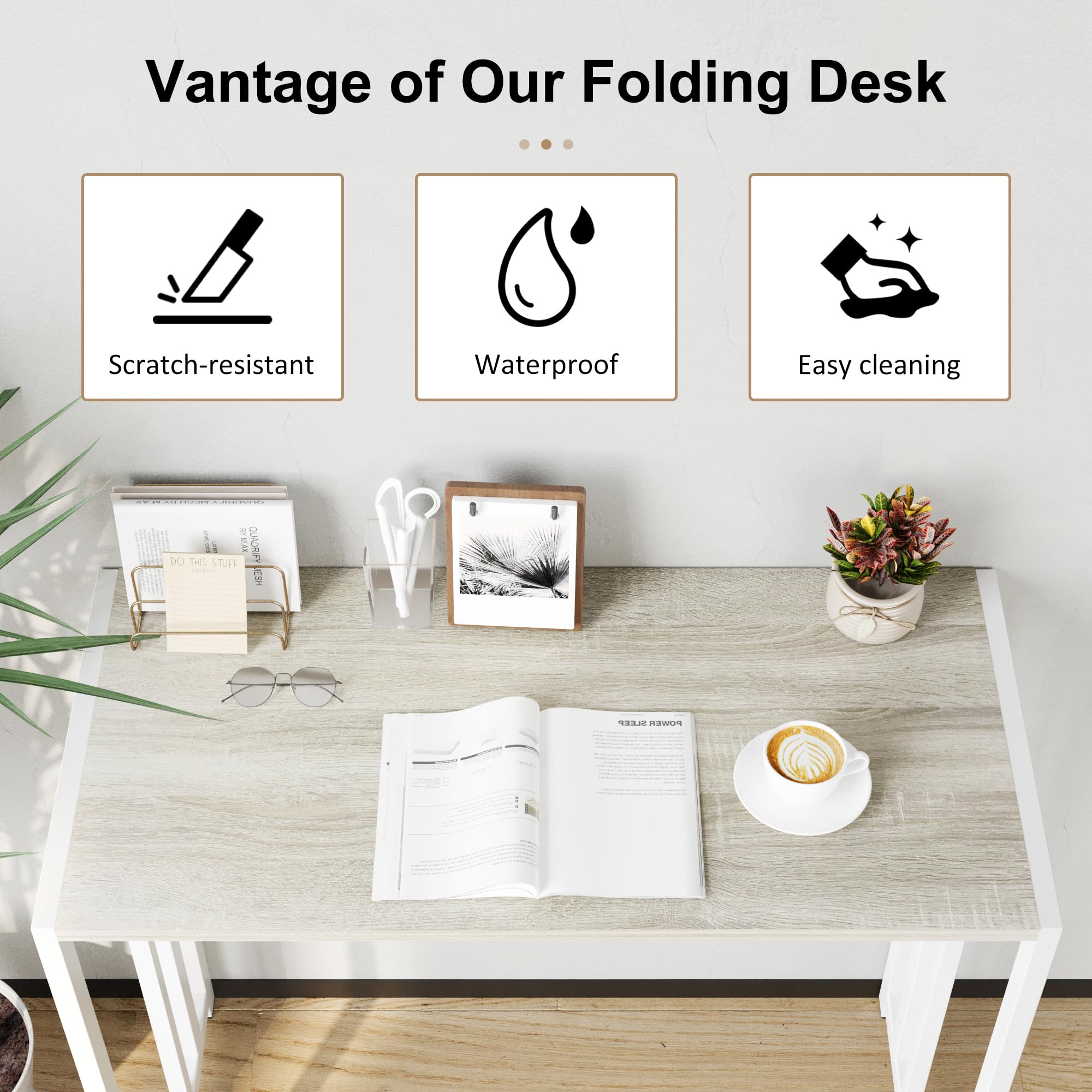 EMODA 35 Inch Folding Computer Desk - No Assembly Needed Home Office Desk, Portable Slim Study Writing Gaming Table (Beige) - Perfect for Small Spaces, Dorm Rooms & Work From Home Setup