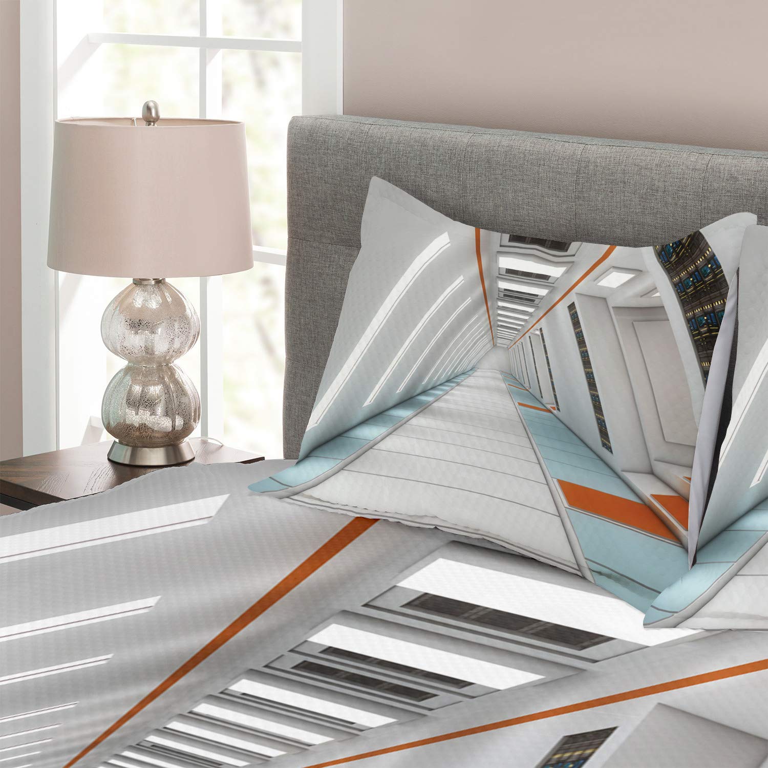 Ambesonne Outer Space Bedspread Set - Futuristic Spacecraft Rocket Travel Theme, 3-Piece Queen Size Bedding Set with Coverlet & 2 Pillow Shams in Orange & White | Perfect for Sci-Fi Themed Bedrooms, Space Enthusiasts & Modern Home Decor