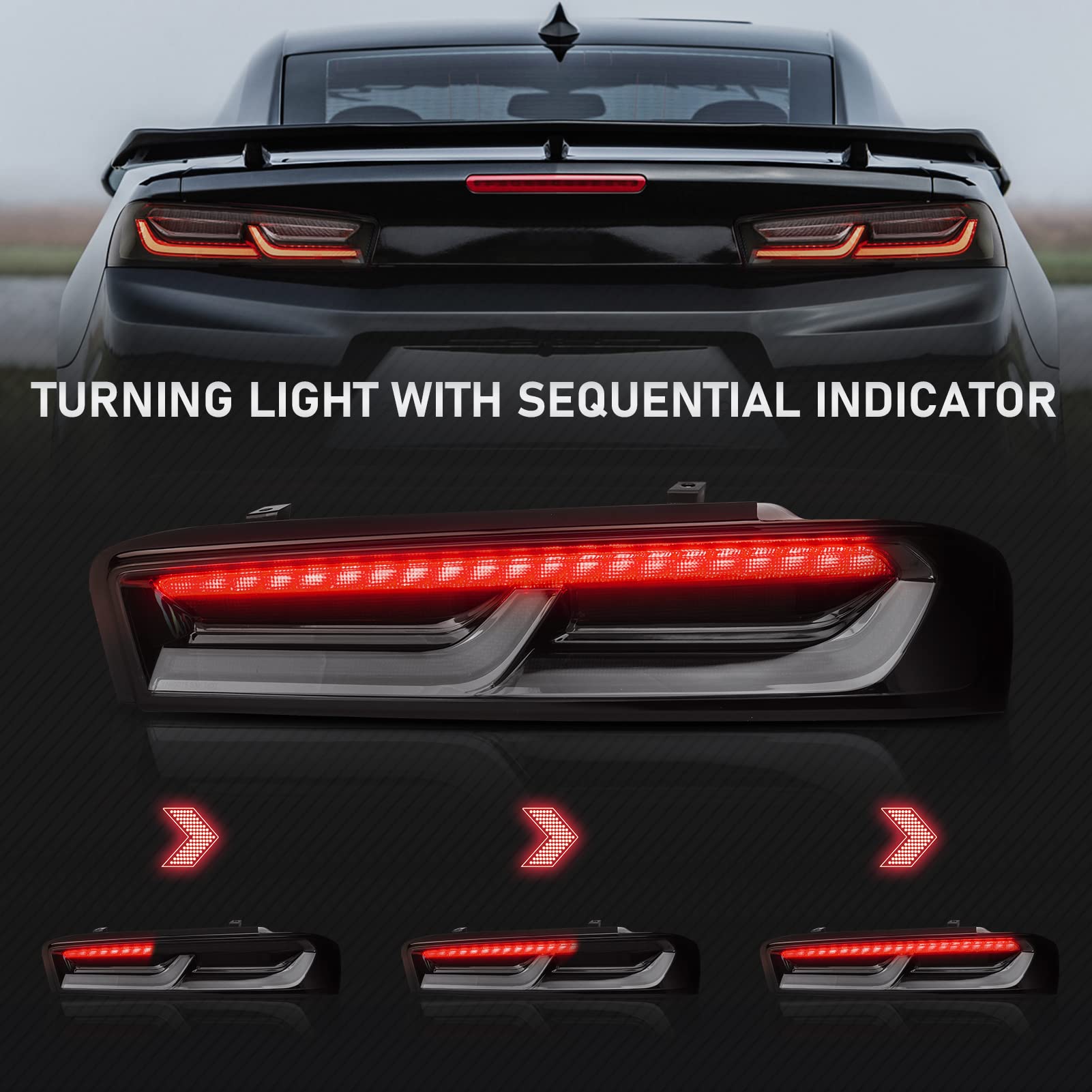Smoke Lens LED Tail Lights Assembly Pair for Chevrolet Camaro 2016-2018 - Rear Brake/Running/Reverse/Turn Signal Lights - Upgrade Your Camaro's Style & Night Visibility