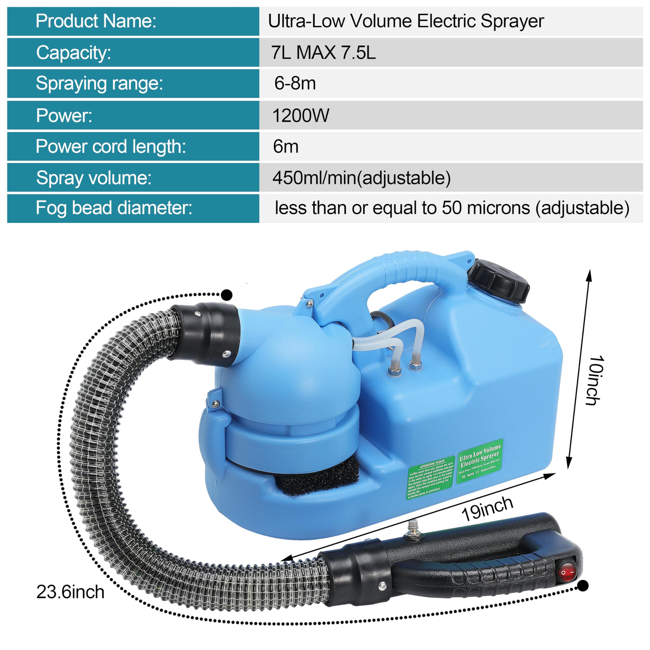 7L (1.85 Gallon) Electric ULV Fogger Machine - Portable Ultra-Low Volume Atomizer Sprayer for Disinfection, Pest Control & Sanitization - Indoor/Outdoor Use in Homes, Schools, Hospitals & Public Spaces