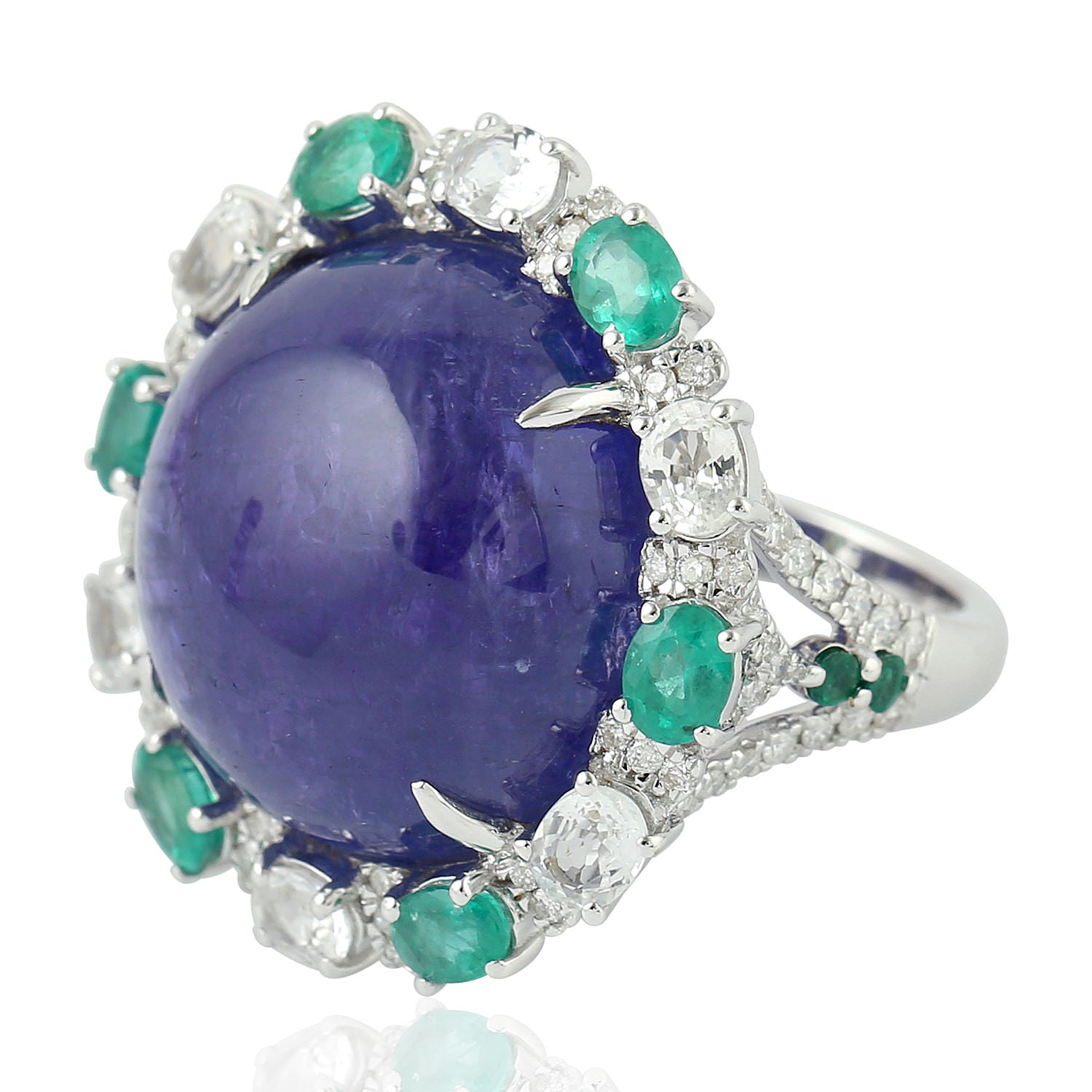 Blue Sapphire & Tanzanite Round Emerald Pave Diamond Cocktail Ring in 14K White Gold | Elegant Wedding, Anniversary & Evening Party Jewelry Gift for Women