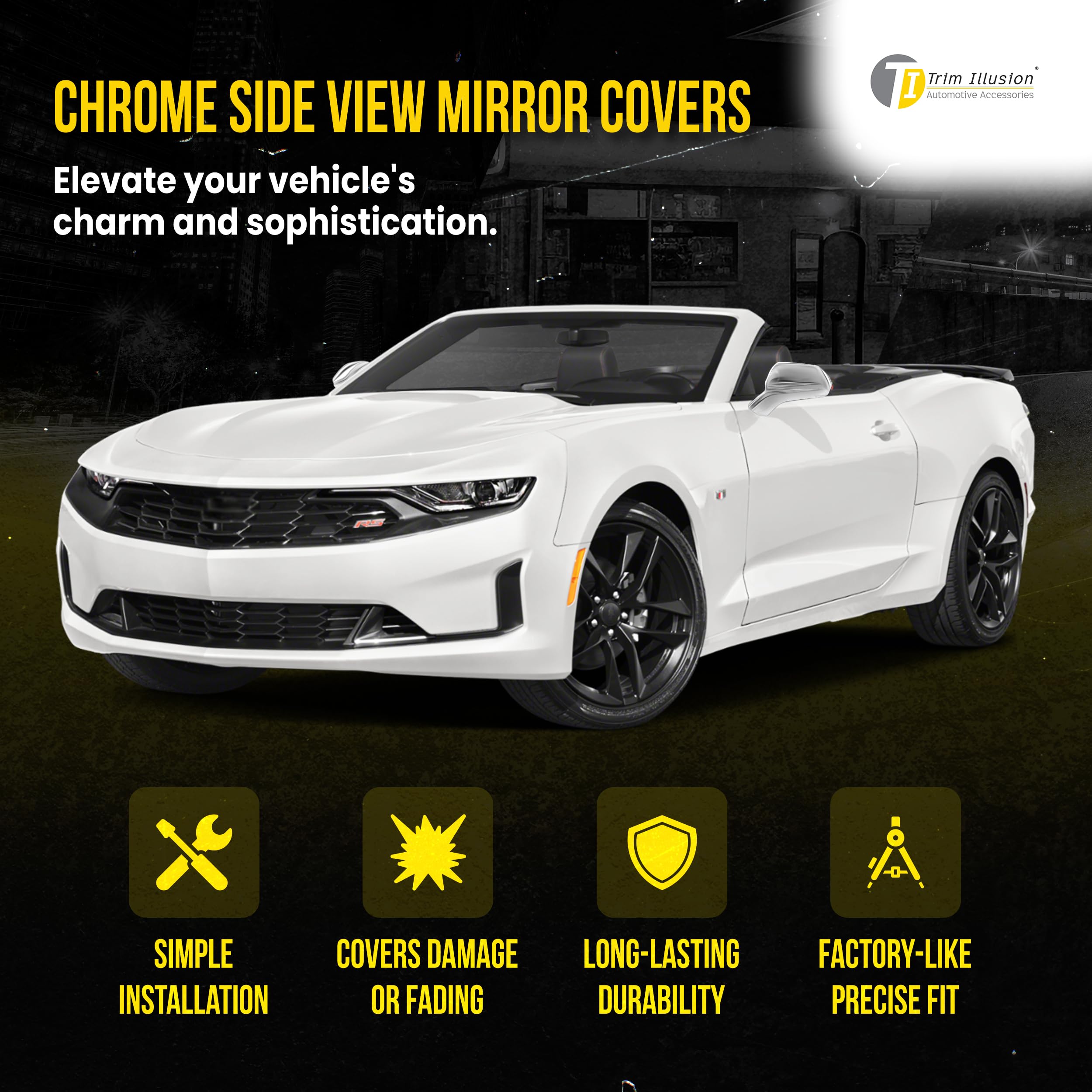 Chrome Car Side Rear View Mirror Cover Caps for Chevrolet Camaro 2016-2023 - MC227 - Upgrade & Protect Your Mirror (Perfect for Daily Driving, Car Shows & Customization)