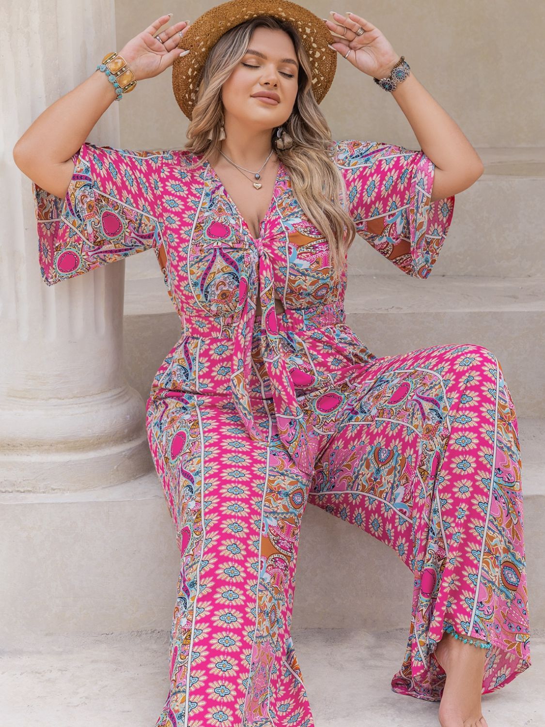 **Plus Size Printed Half Sleeve Wide Leg Jumpsuit for Women – Stylish & Comfortable Romper for Casual Outings, Vacations & Summer Wear**