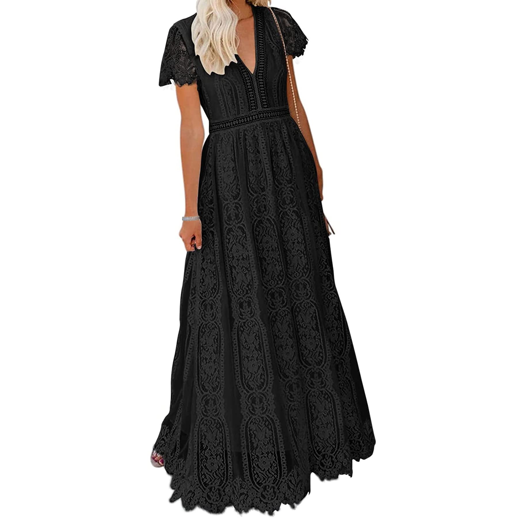 BIGSPCE Women's Sexy Floral Lace Long Dress - V-Neck Short Sleeve Bridesmaid Dress for Wedding, Cocktail Party & Formal Dinner | Elegant Evening Gown for Special Occasions