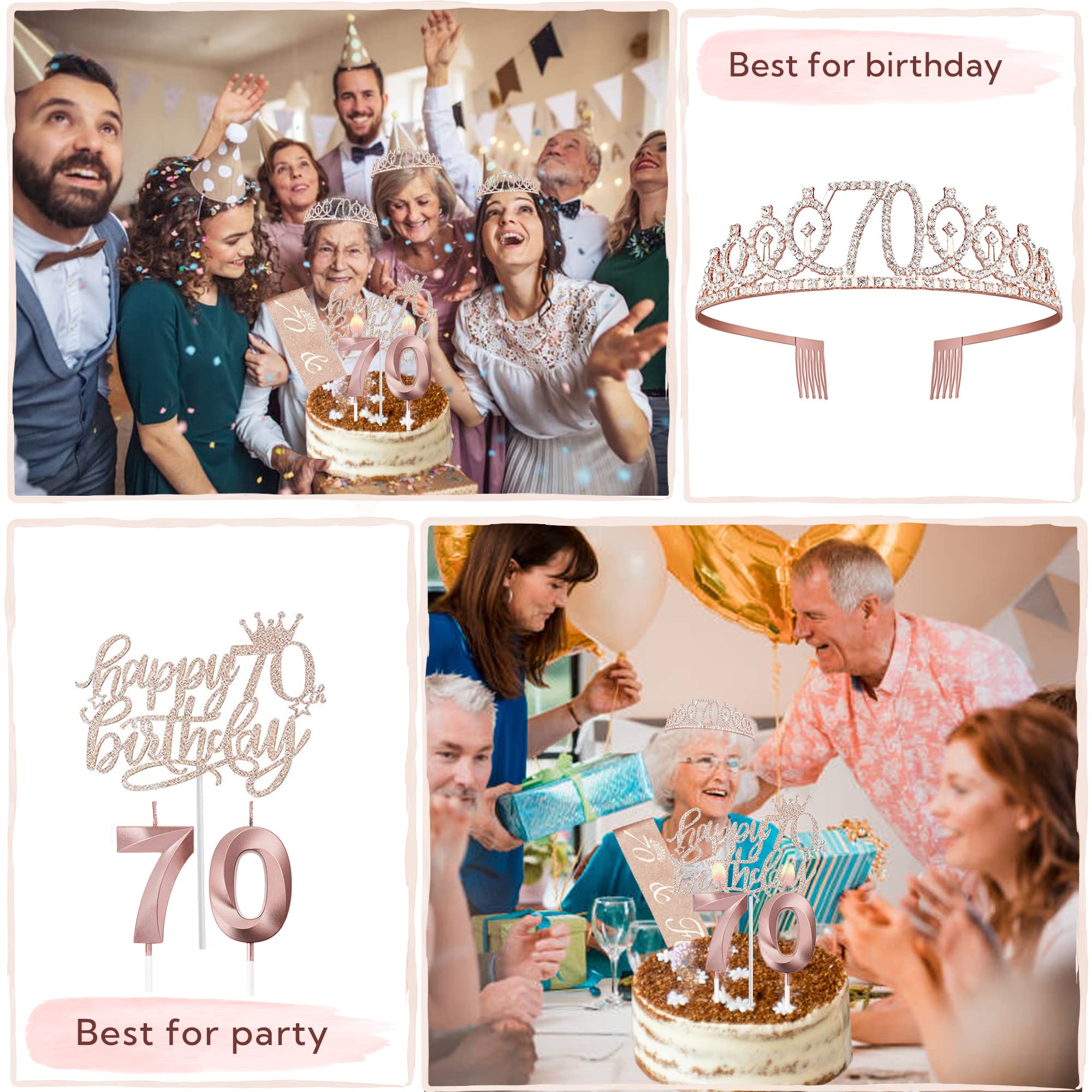 Bella Meri 70th Birthday Party Decorations Set for Women - Tiara Crown, Sash, Cake Toppers & Candles | Perfect for Milestone Celebrations, Retirement Parties & Golden Age Decor