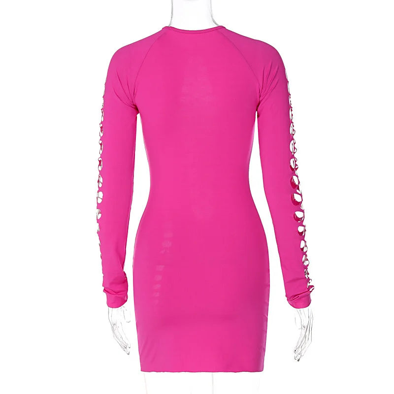 Black Hollow Out Sexy Mini Dress for Women - 2023 Spring New O-Neck Long Sleeve Bodycon Club Party Short Dress | Perfect for Night Out, Date Night, and Special Occasions