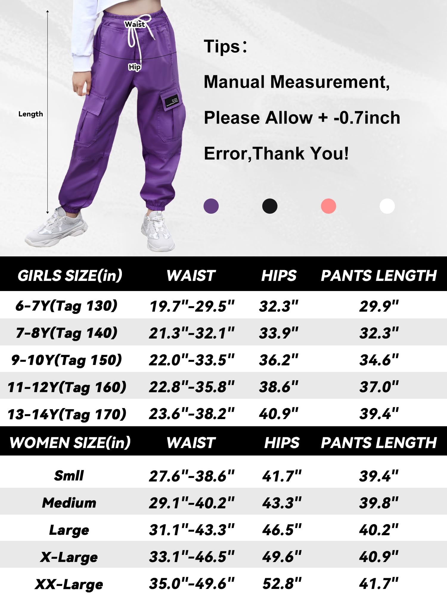 Cromoncent Girls & Women's Cargo Jogger Pants - Elastic Waist Lightweight Outdoor Hiking Pants for Teens & Adults (Size 6 Years to XX-Large) - Perfect for Hiking, Camping, and Casual Wear