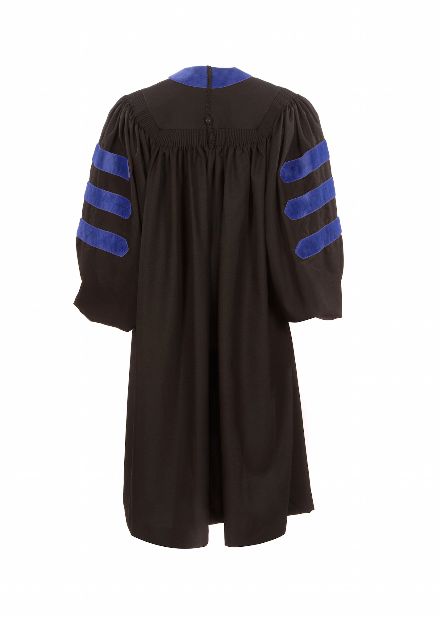 American Doctoral Gown - Black with Royal Blue Velvet Trim, No Piping | Premium Graduation Robe for PhD Ceremonies & Academic Events