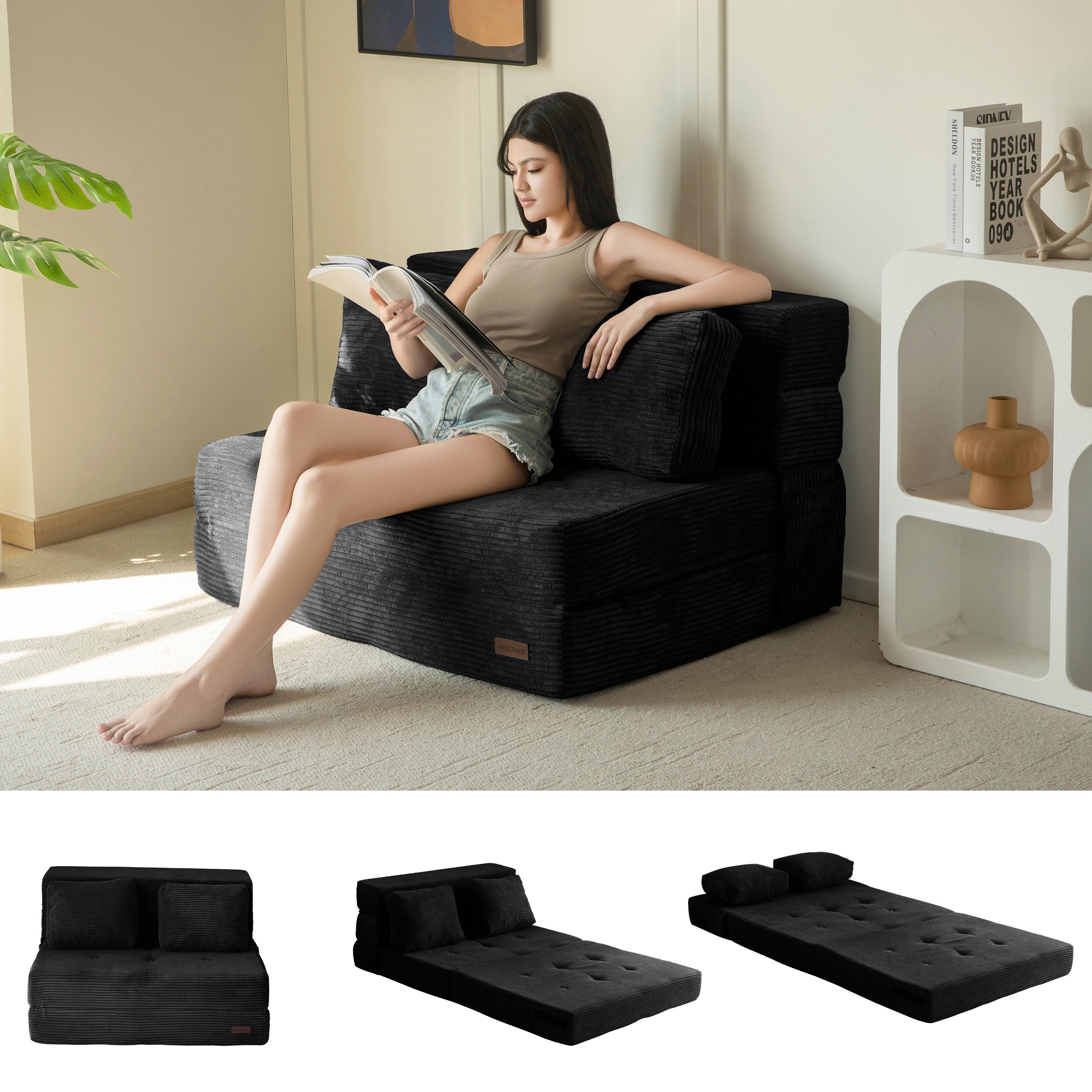 MAXYOYO 3-in-1 Convertible Sofa Bed - Fold Out Single Sleeper Sofa with Pillow, Folding Couch Bed & Foam Floor Couch for Living Room, Bedroom & Guest Room - Perfect for Small Spaces, Overnight Guests & Lounge Relaxation - Black