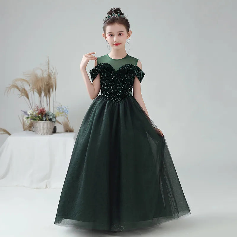 Elegant Girls Formal Party Gown - Long Tulle Flower Girl Dress with Sparkling Sequins | Perfect for Weddings, Pageants & Special Occasions