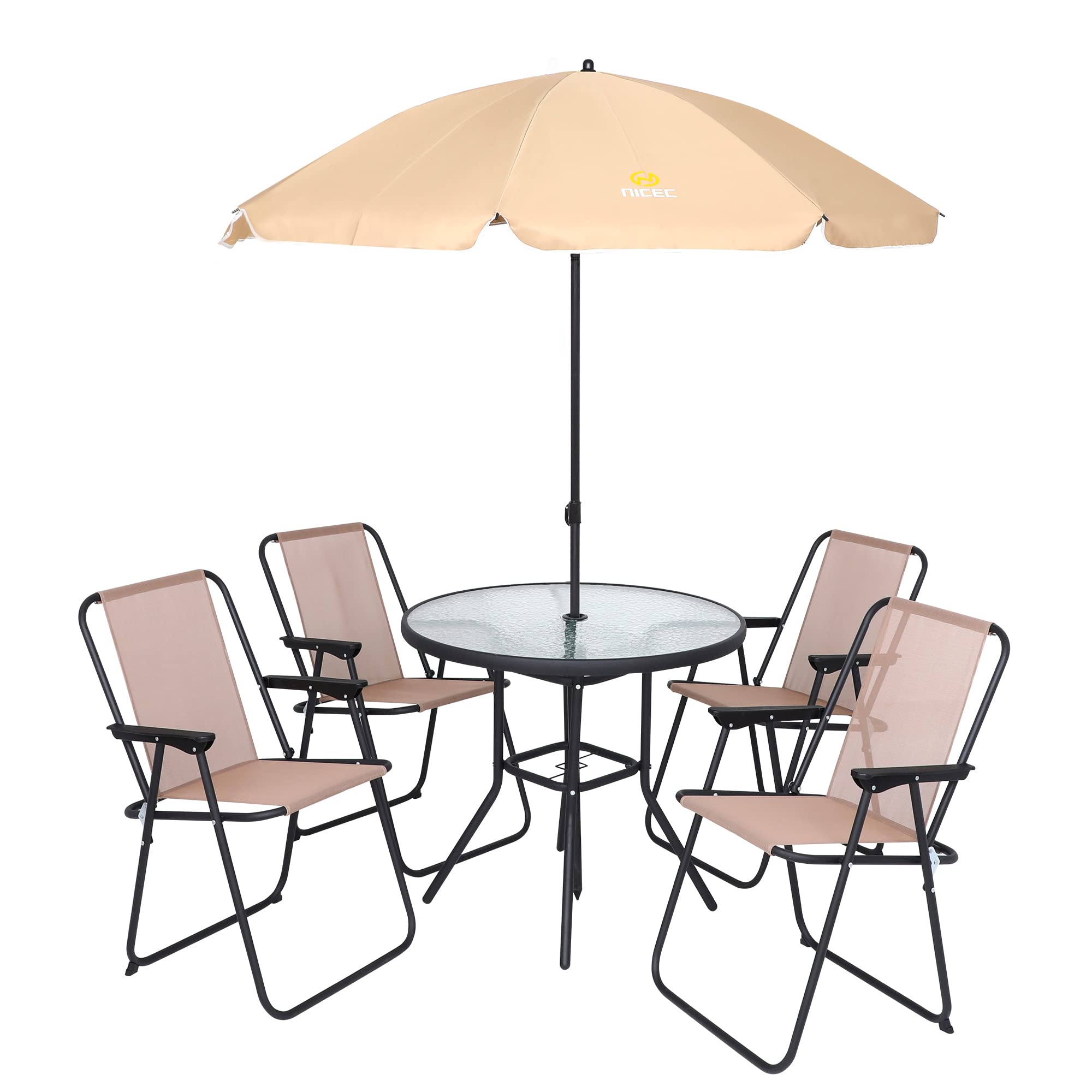 **Premium 6-Piece Outdoor Dining Set - Beige Patio Furniture with Tilted Removable Umbrella, Tempered Glass Table & 4 Foldable Chairs - Perfect for Backyard BBQs, Poolside Gatherings & Garden Parties**