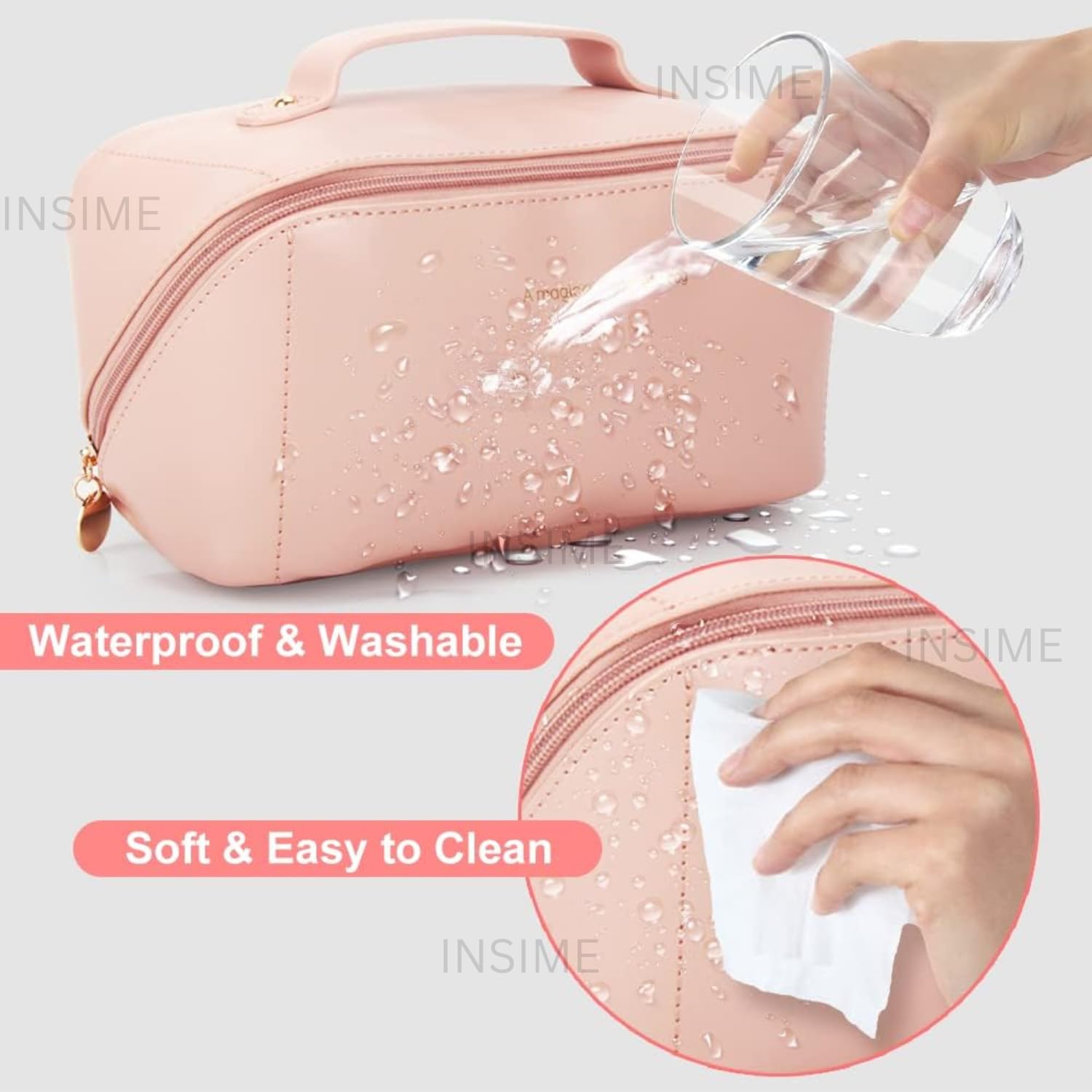 INSIME Large Travel Makeup Organizer Cosmetic Bag for Women - PU Leather Portable Makeup Pouch | Waterproof Cosmetic Case for Toiletries & Beauty Essentials | Perfect for Travel, Gym, and Daily Use