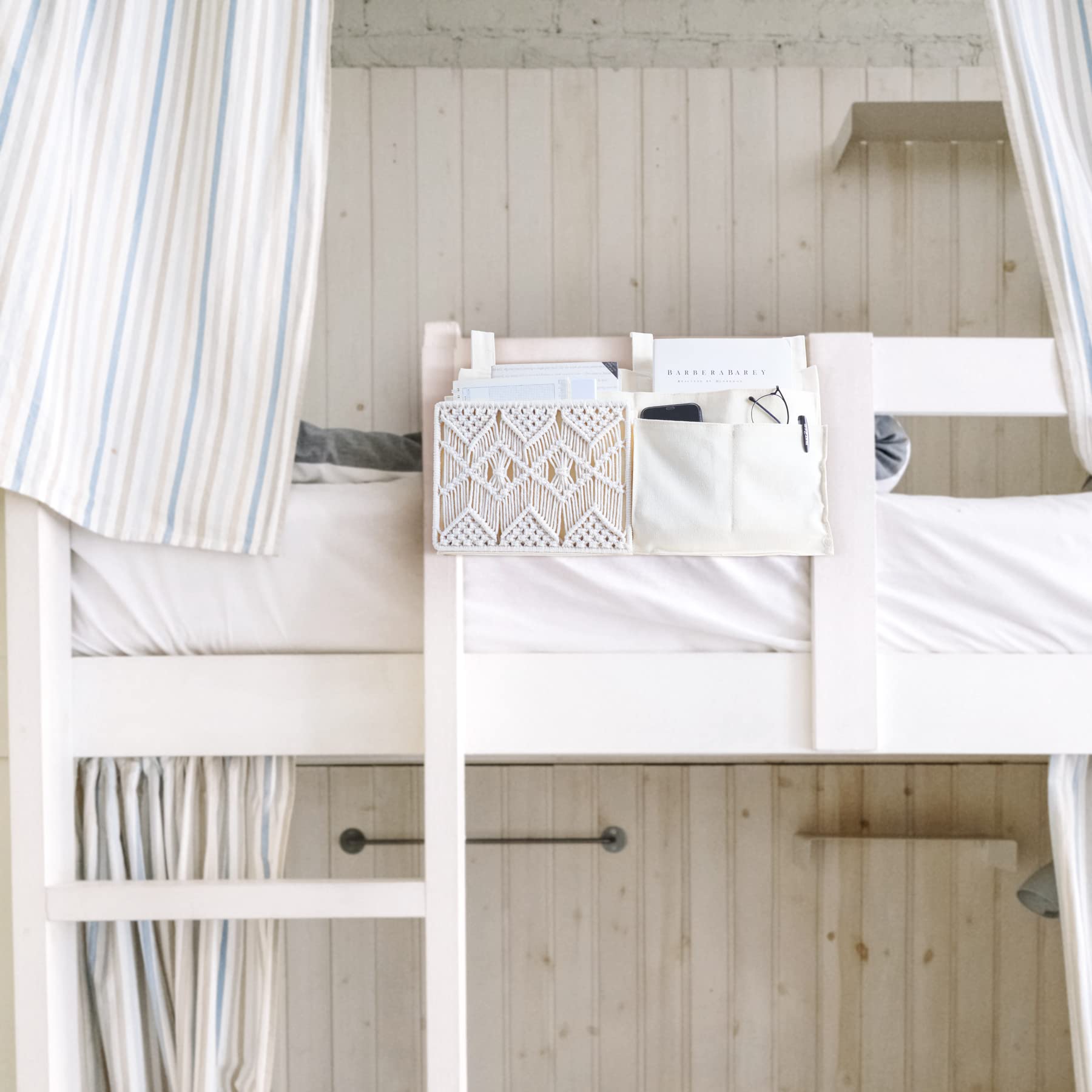 Mkono Hanging Bedside Organizer - 7-Pocket Woven Storage Bag for Bunk Beds, Loft Beds & Dorm Rooms | Boho Macrame Design Holds Books, Magazines, Remote & Essentials | Perfect for College, Kids Rooms & Baby Bed Rails (Ivory)