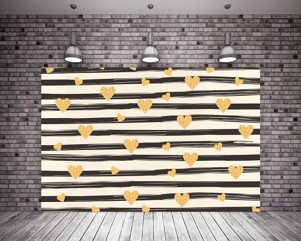 7X5ft (220cmX150cm) Golden Love Black and White Stripe Photography Backdrop - Premium Photo Studio Background for Birthday Parties, Baby Showers & Social Media Content Creation