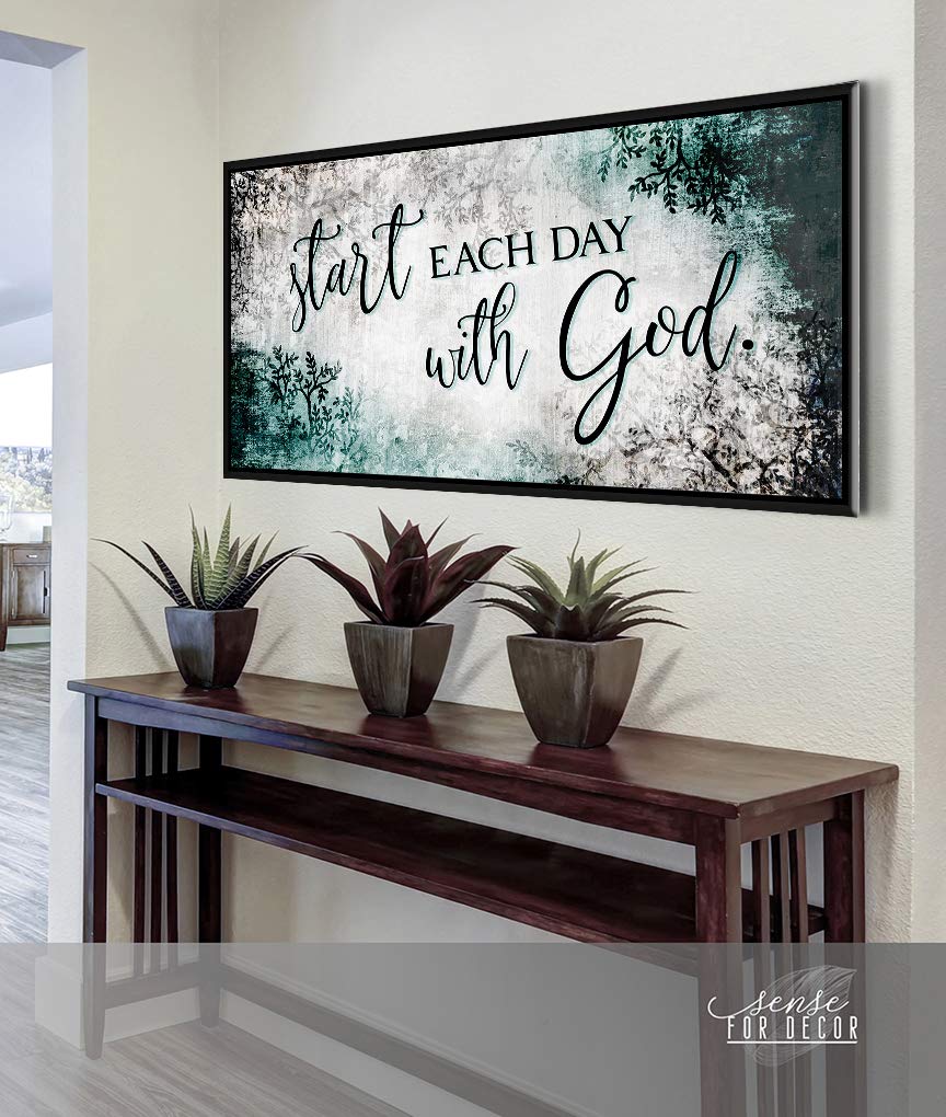 Start Each Day With God - Inspirational Religious Wall Decor with Positive Quotes, Teal & Black Floating Frame 42x19, Perfect for Bedroom, Living Room & Spiritual Spaces