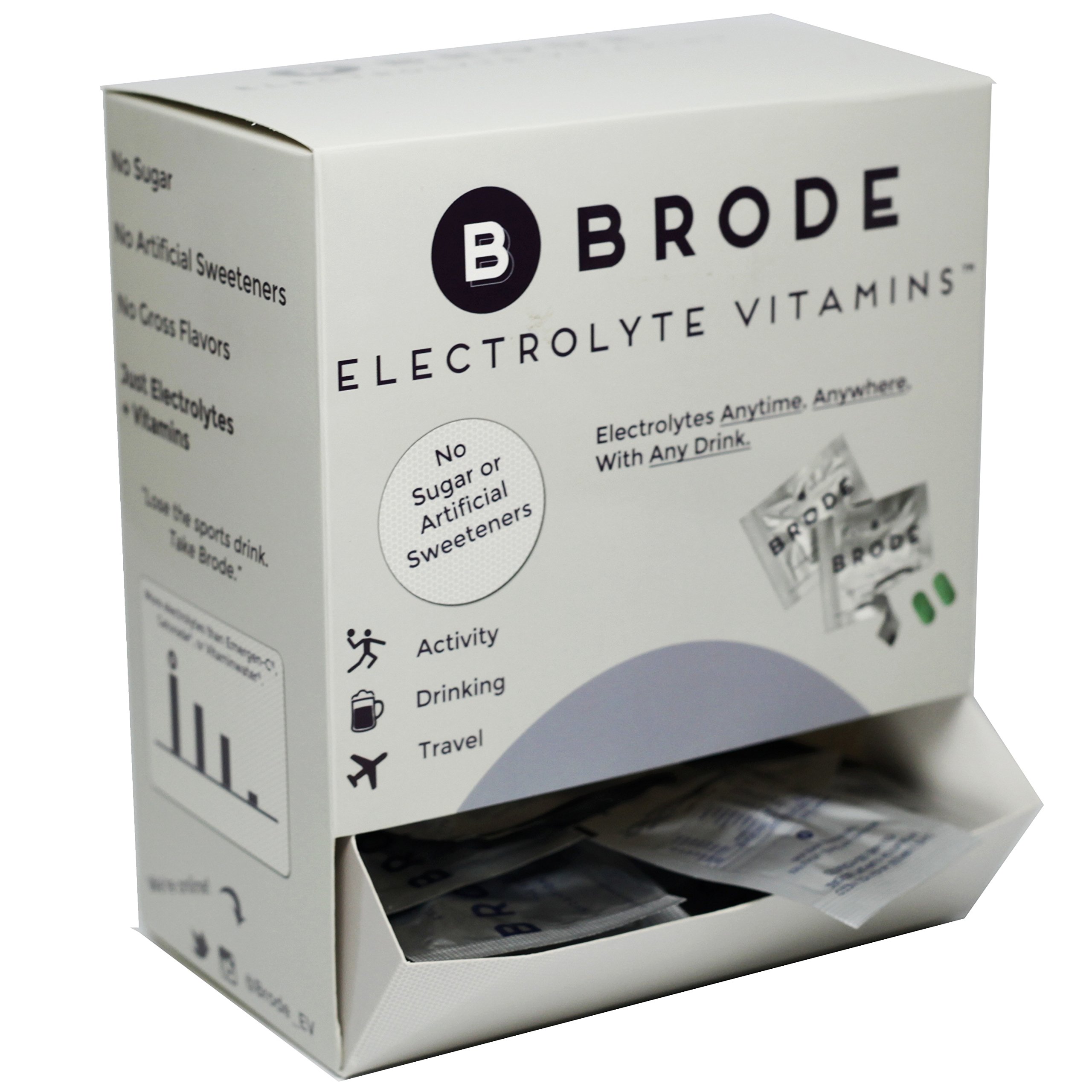 Brode Electrolyte Vitamin Tablets - Sugar-Free Electrolyte Supplement with 5 Essential Electrolytes & 9 Vitamins - 100 Portable Packets for Hydration, Sports Recovery, Travel Jet Lag & Nightlife Energy Boost