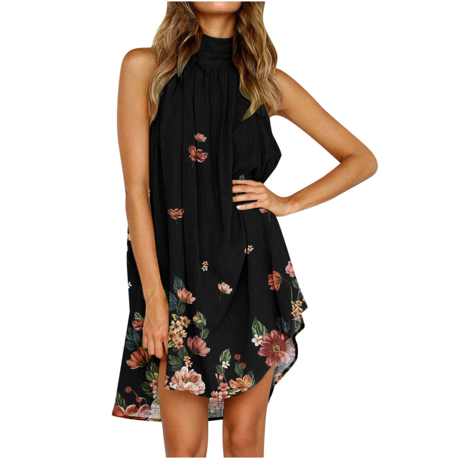 Women's Sleeveless Halter T-Shirt Dress with Pleated Ruffle - Casual Loose Flowy Swing Tunic Top for Summer, Beach, and Vacation Outfits