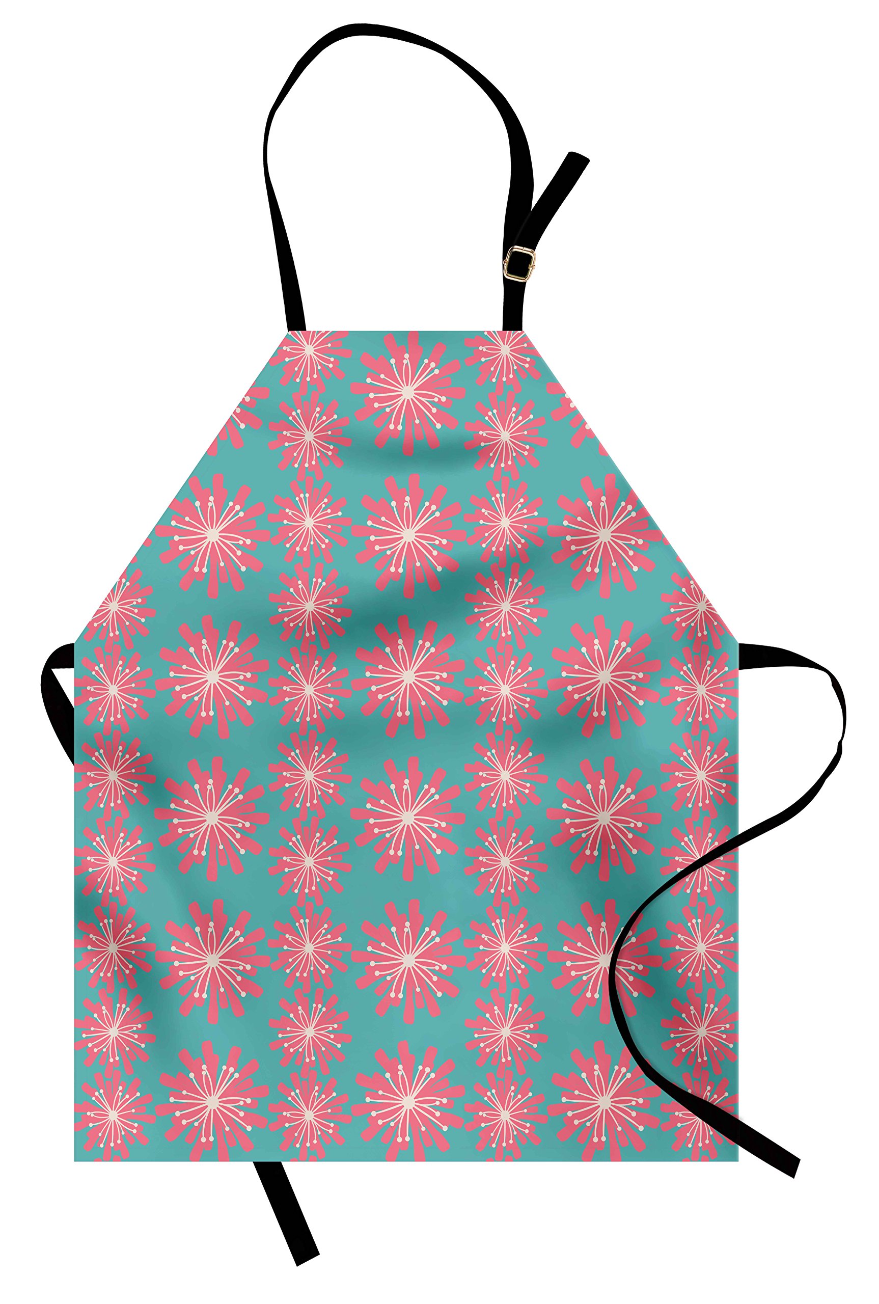 Ambesonne Adjustable Outdoor Apron for Baking & Painting - Small Size with Germinating Plants Wildflowers Print - Teal Pink White Rustic Design - Perfect for Garden, Kitchen, BBQ & DIY Crafts