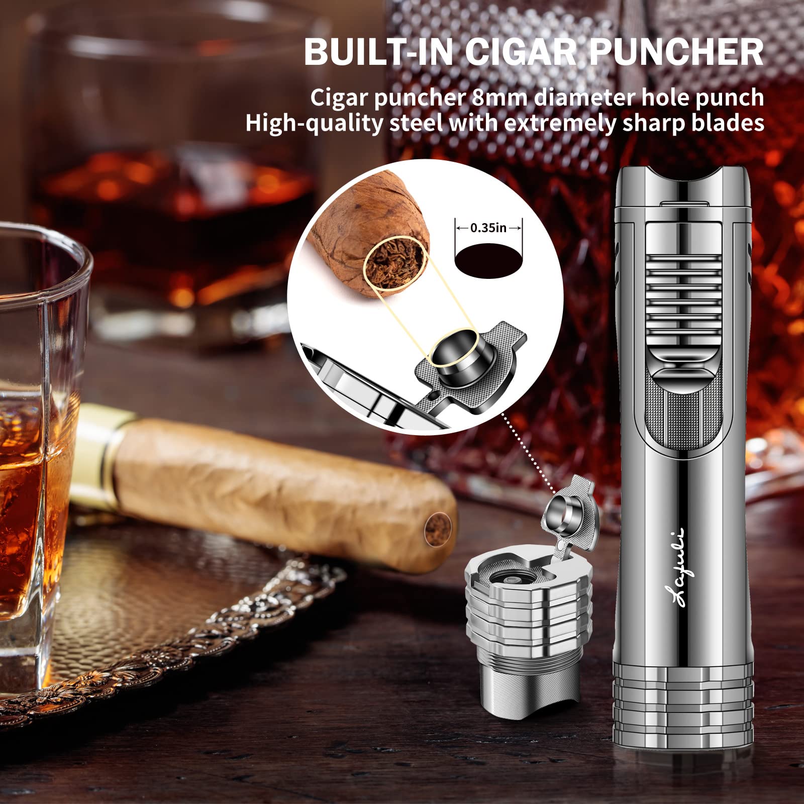Premium Triple Jet Flame Butane Torch Lighter with Built-in Cigar Punch, Draw Enhancer & Holder - Refillable All-in-One Cigar Accessories for Outdoor, Travel & Gifting (Gas Not Included)