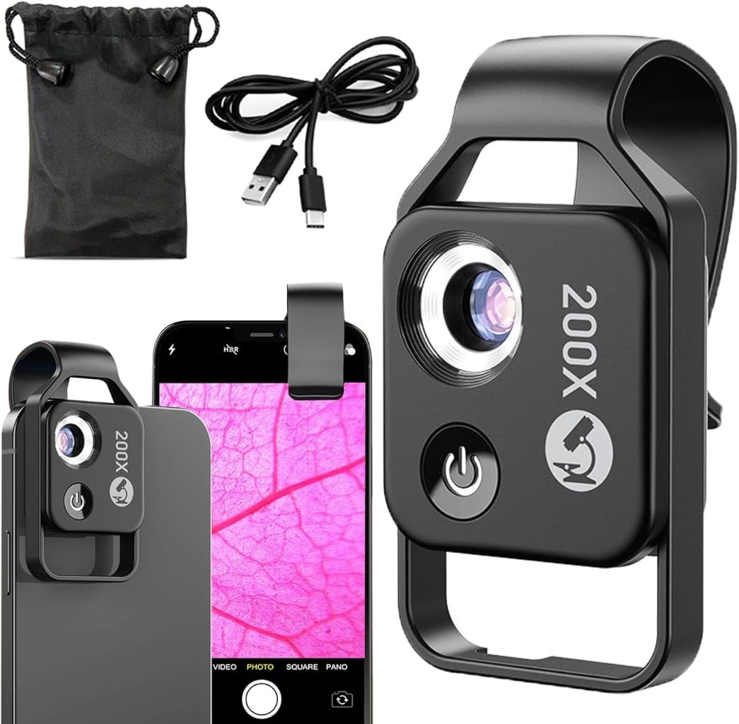200X Nanozoom Phone Microscope Lens with CPL & LED Light - Universal Clip Attachment for iPhone Android - Perfect for Coin Collecting, Jewelry Inspection & Science Education (Black)