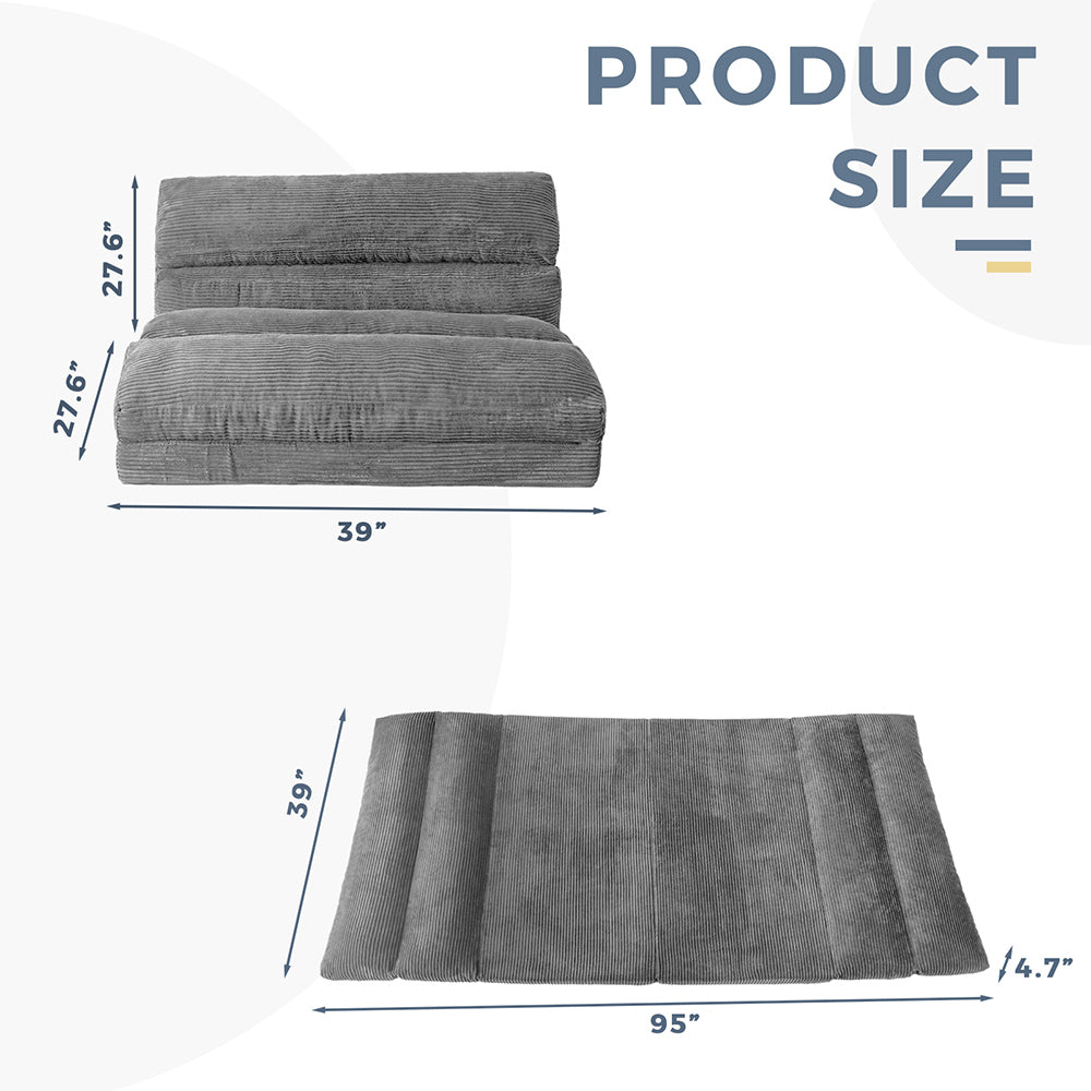MAXYOYO Corduroy Bean Bag Folding Sofa Bed - Extra Wide Convertible Floor Mattress for Living Room, Bedroom & Guest Room (Grey)