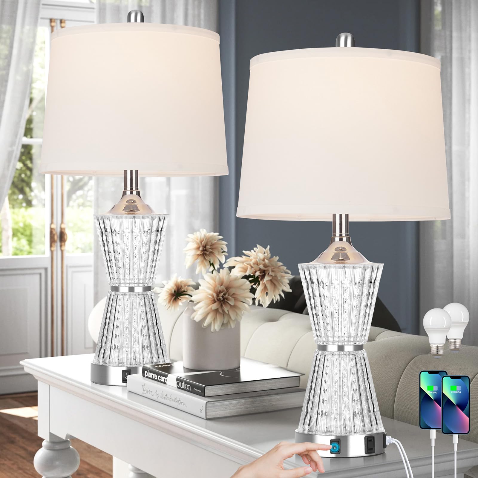 Modern LED Table Lamps Set of 2 with USB Charging Ports & AC Outlet - White Shade Nightstand Lamps for Bedroom, Living Room, Office - Includes Energy Efficient Bulbs (Perfect for Reading, Charging Devices & Ambient Lighting)