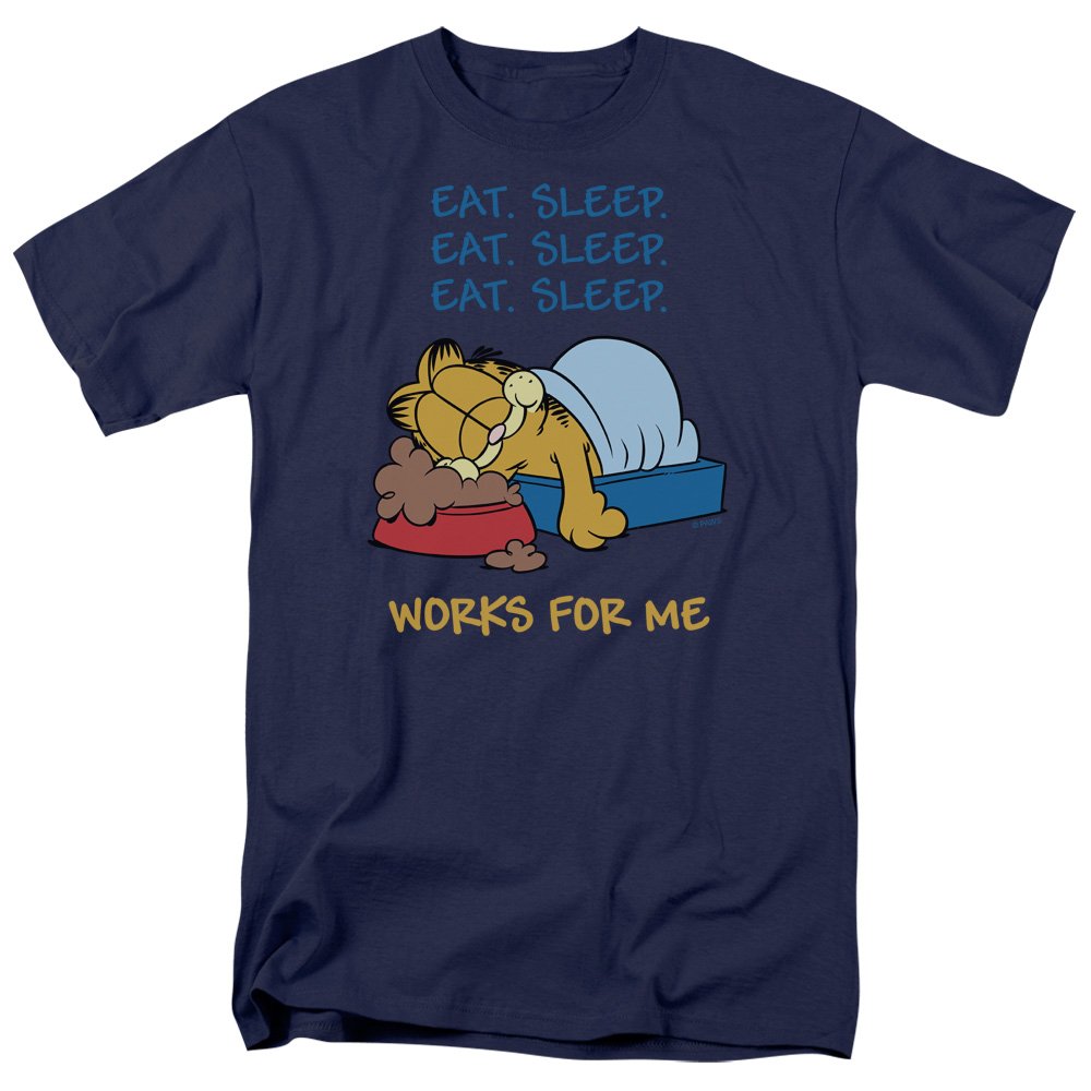 Garfield Works for Me Funny Adult T-Shirt - Navy Blue Cotton Tee for Men & Women | Perfect for Casual Wear, Gifts & Pop Culture Fans