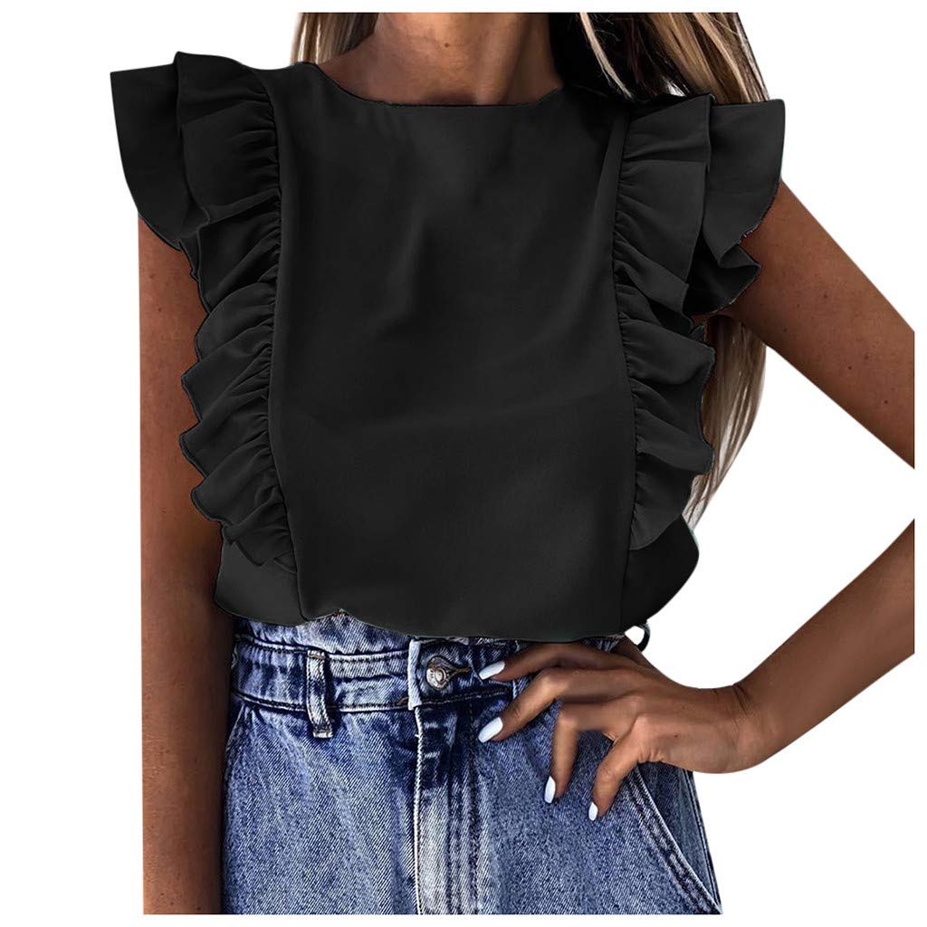 Women's Fashion Tunic Blouse - Ruffle Sleeve O-Neck Short Top for Holiday & Casual Wear | Black V-Neck Tee Shirt for Women | Perfect for Parties, Office & Everyday Outfits