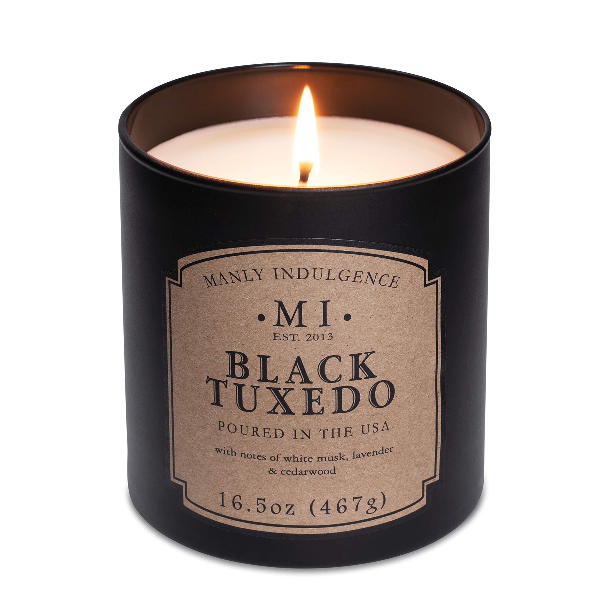 Manly Indulgence Black Tuxedo Jar Candle 16.5 oz - White Musk, Lavender, Cedarwood, Jasmine & Earthy Orris Scented Soy Wax Blend - Long Lasting 60 Hour Burn Time - Hand Poured in USA - Perfect for Home Decor, Romantic Dinners & Relaxation