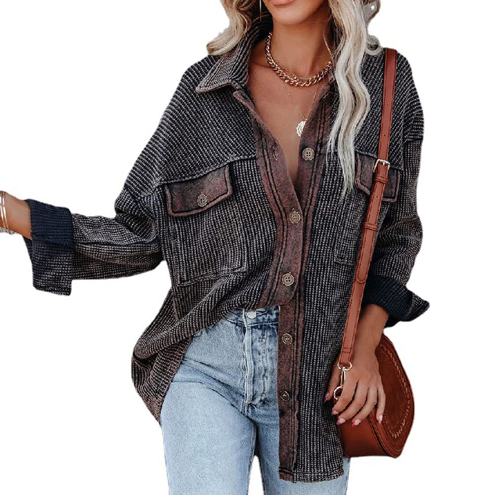 Vintage Women's Spread Collar Waffle Knit Button Down Shirt Shacket Jacket - Casual Fall Layering Piece for Work & Weekend Outfits
