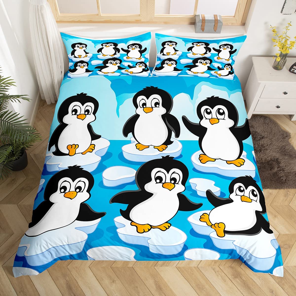 2-Piece Cartoon Penguin Duvet Cover Set - Cute Baby Penguins Playing in Water with Various Poses - Twin Size Comforter Cover for Kids, Boys, Girls & Teens - Summer Themed Children's Bath Toys Illustration Bedding - Perfect for Kids' Bedroom Decor & Themed Sleepovers