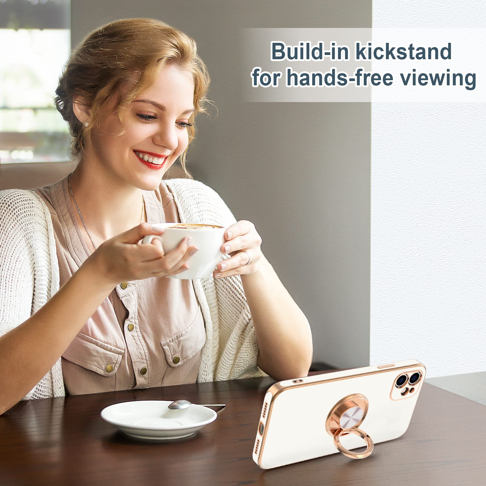 Luxury iPhone 11 Case with Rotatable Ring Stand - Rose Gold Edge for Women & Men | Perfect for Work & Travel
