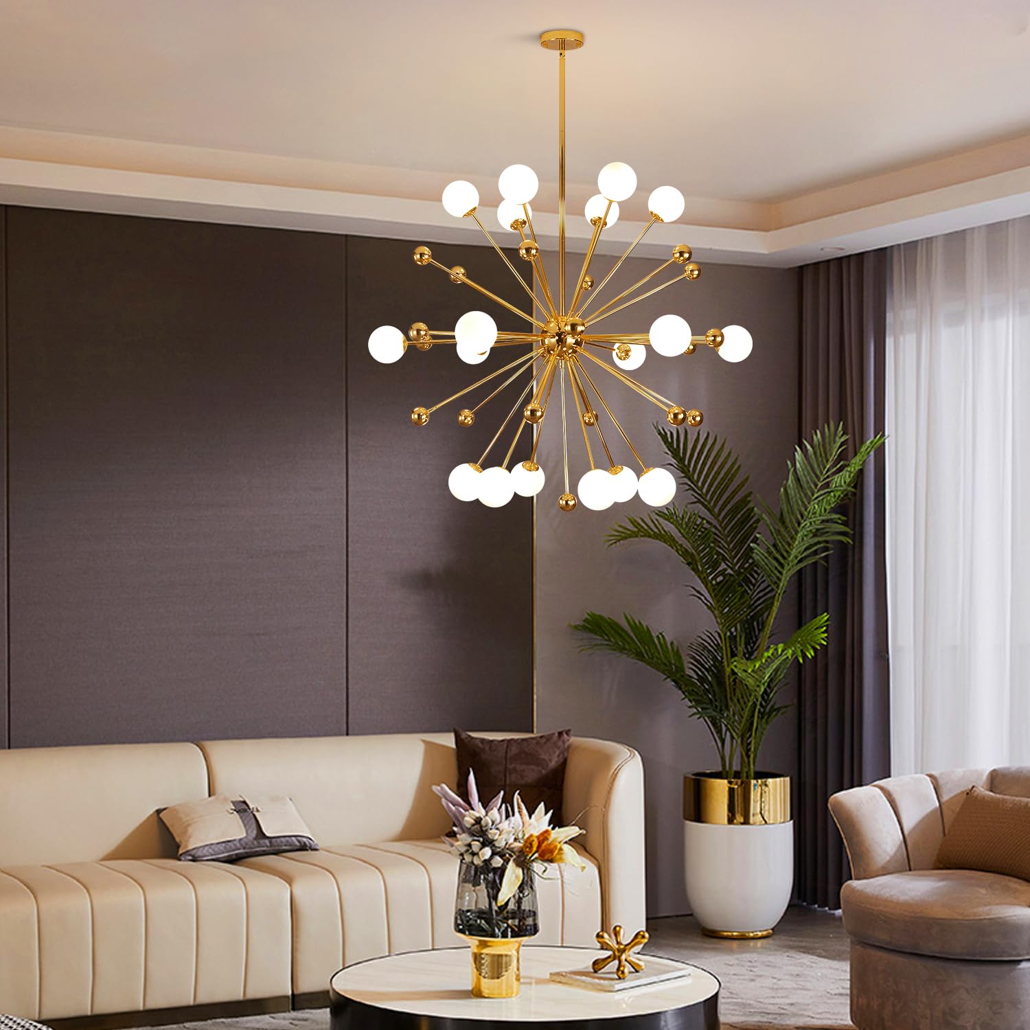 Modern Globe Chandelier - 18-Light Gold Sputnik Flush Mount Ceiling Light with White Glass Balls, Adjustable Height - Perfect for Dining Room, Living Room, Bedroom & Entryway Lighting