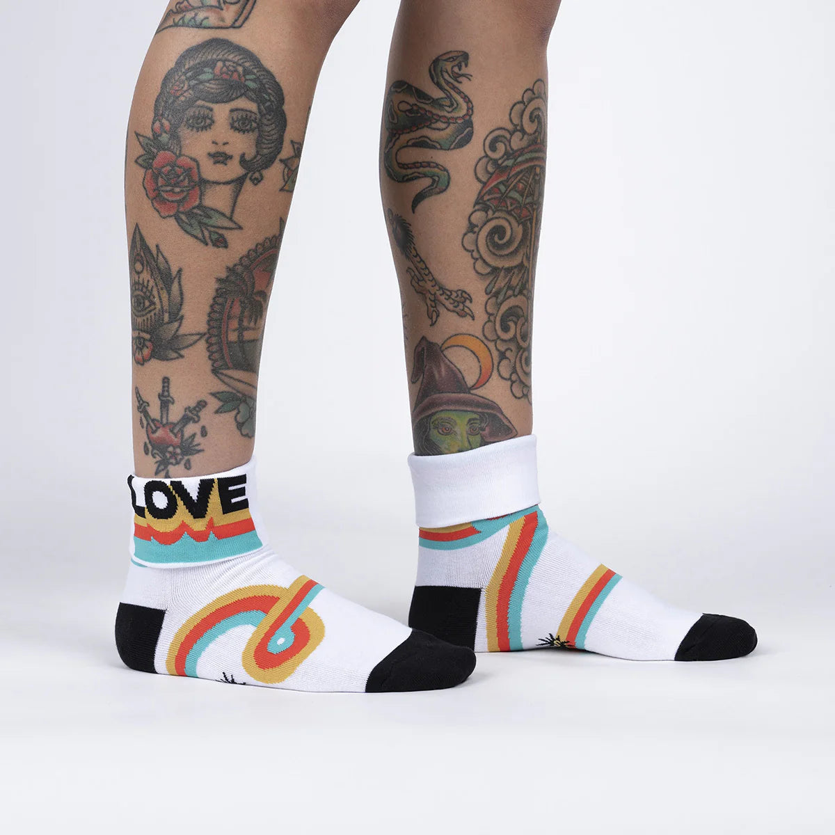 Groovy Love Turn Cuff Crew Socks by Sock It To Me - Fun Novelty Socks for Women & Men - Perfect for Casual Wear, Gift Giving & 70s Themed Parties