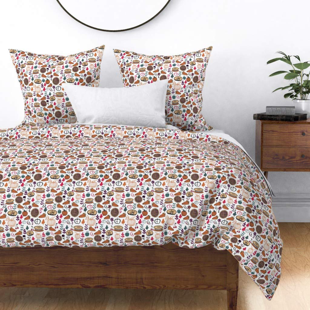 Premium Spoonflower Cotton Sateen Duvet Cover King/California King Size - Fall Thanksgiving Pumpkin Pie Baking Theme with Autumn Leaves & Apples Kitchen Print Custom Bedding Set | Cozy Seasonal Home Decor for Thanksgiving & Fall Bedroom Styling
