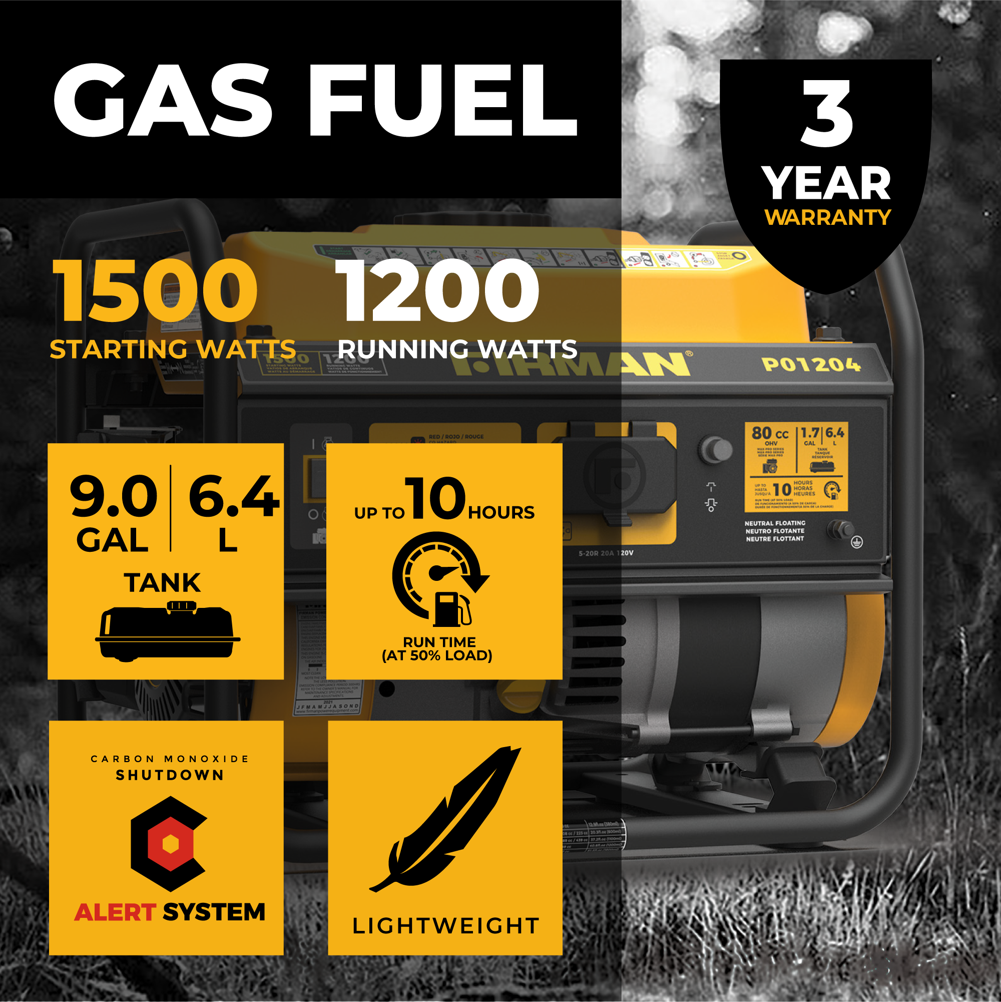 1500W Portable Gas Generator with Recoil Start & CO Alert - Perfect for Camping, Emergencies & Power Outages