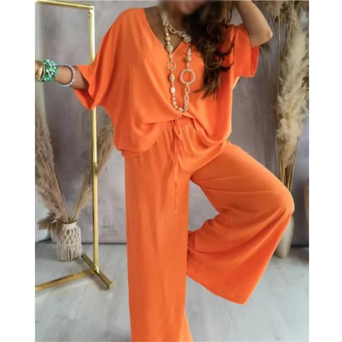 Women's Casual Loose Solid Color Suit Set - Comfortable V-Neck Lounge Pants Outfit for Home, Travel & Relaxation | Two-Piece Womens Loungewear